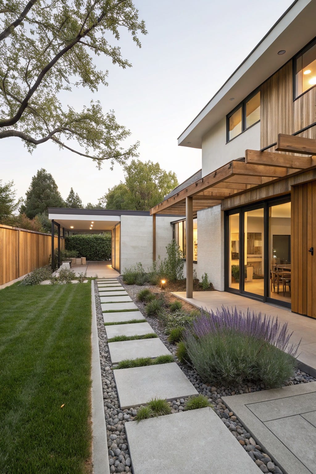 Backyard of a modern white stucco house with wood cladding and a covered walkway, featuring large glass doors to a patio, a pathway of square concrete pavers set in white gravel lined with lavender plants, and adjacent green lawn.