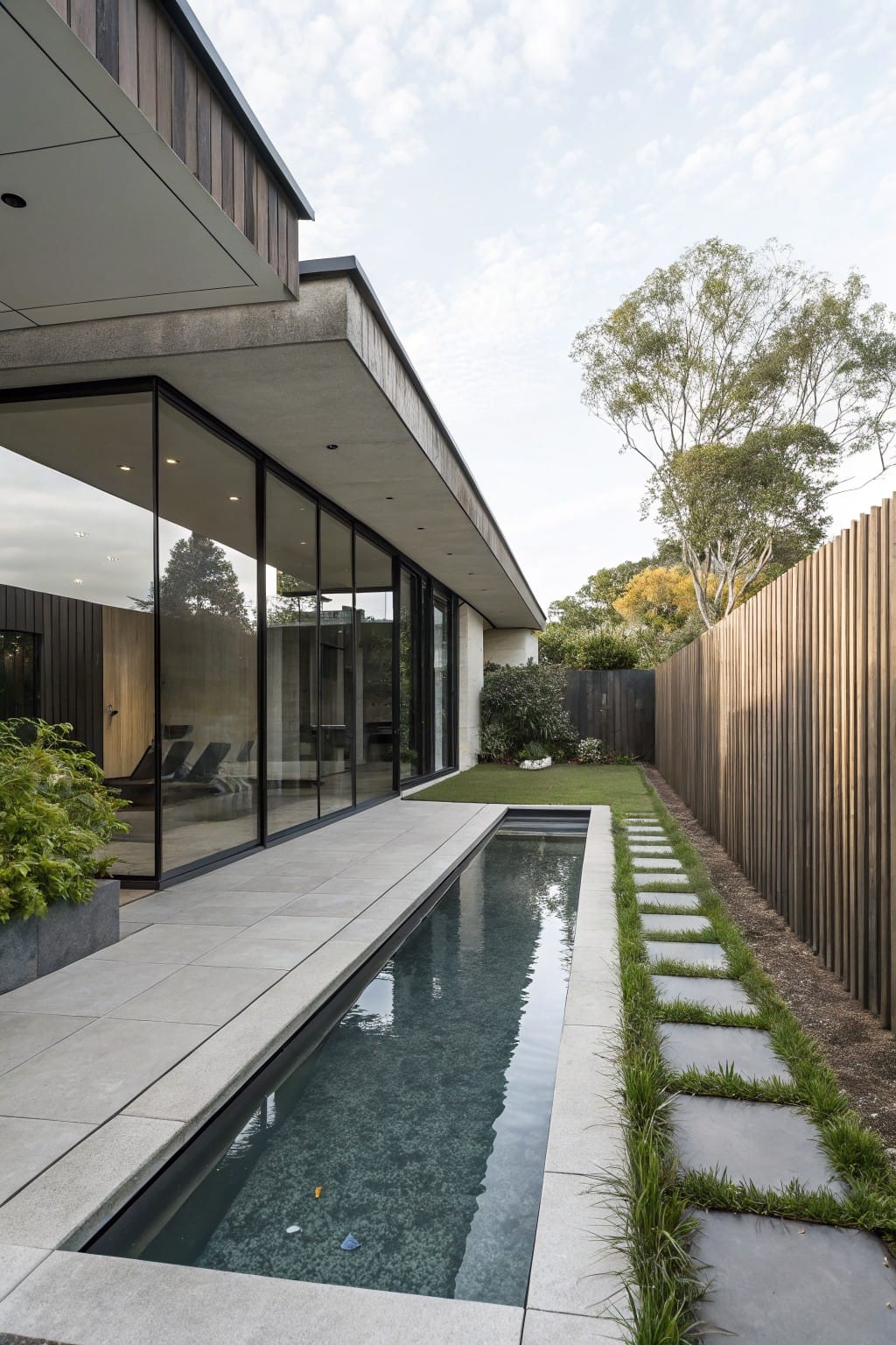 Modern house side with large glass panels overlooking a long narrow in-ground pool edged in grey pavers, grass steps, low plantings, and a slatted wooden fence.