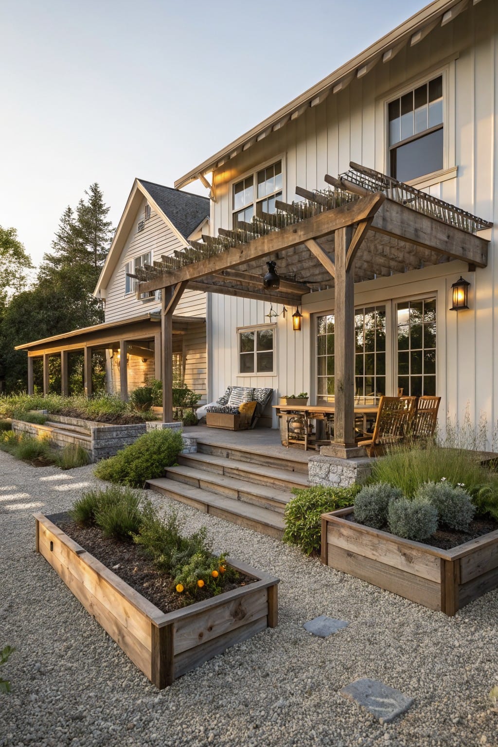 Back exterior of a white house with board-and-batten siding features a wooden pergola-covered deck with seating, steps descending to a gravel path lined by raised wooden planters and greenery.