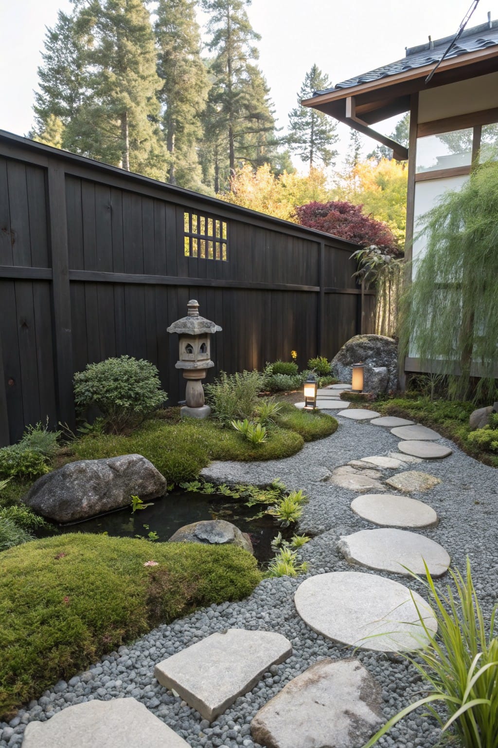 Backyard garden with a curving path of large flat stepping stones set in gravel and moss, surrounded by rocks, a small pond, stone lantern, shrubs, and a dark wooden fence next to a house with shingled eaves.
