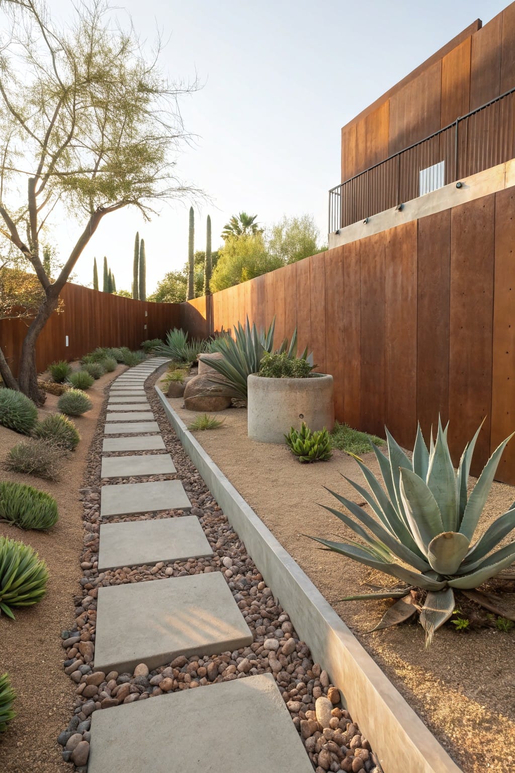 Winding backyard pathway of square concrete pavers set into gravel groundcover with agave and succulent plantings beside corten steel fence and wall.