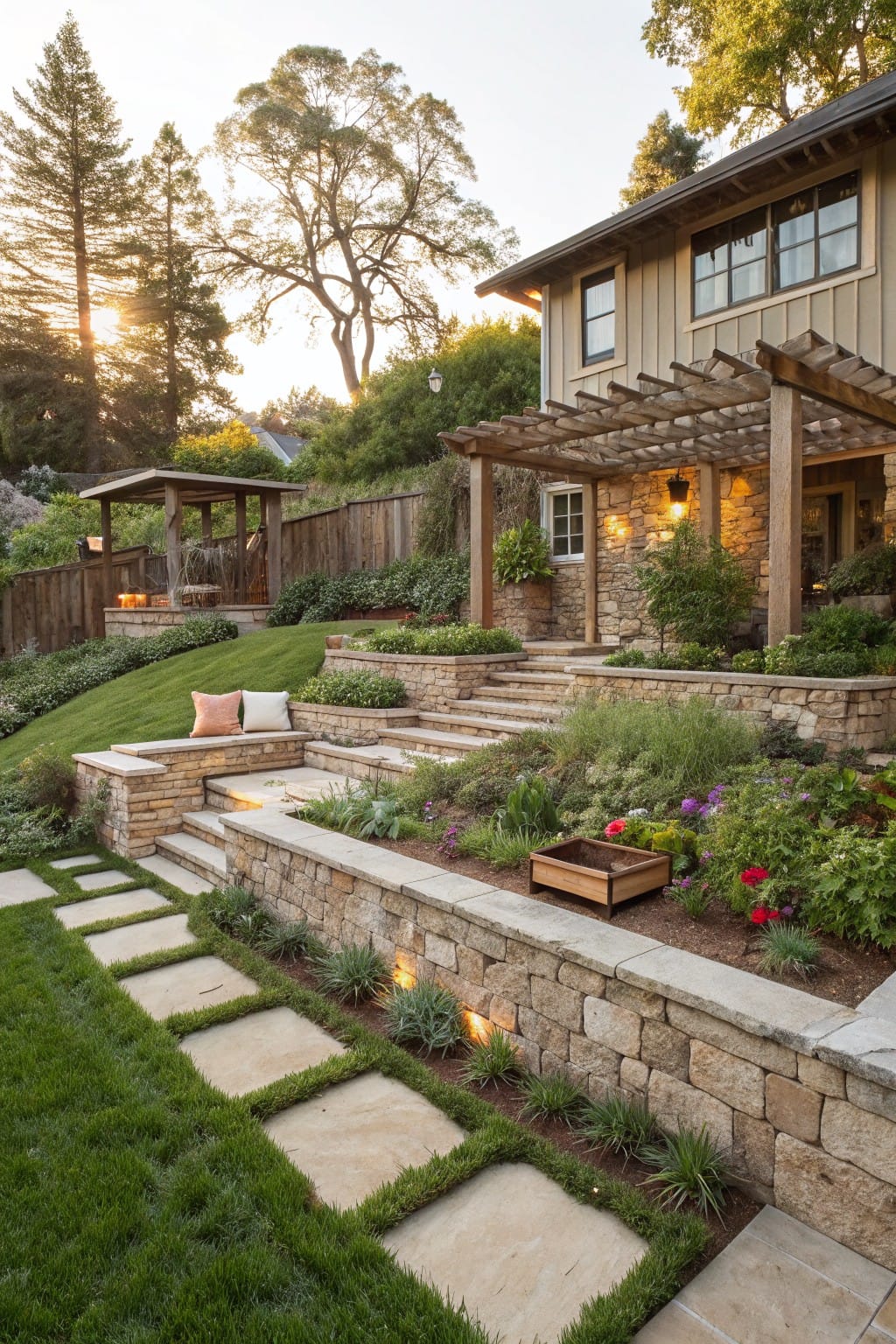 Sloped backyard featuring multiple low stone retaining walls with steps, planted flower beds, paver pathways in grass strips, and a house with pergola and surrounding trees at dusk.