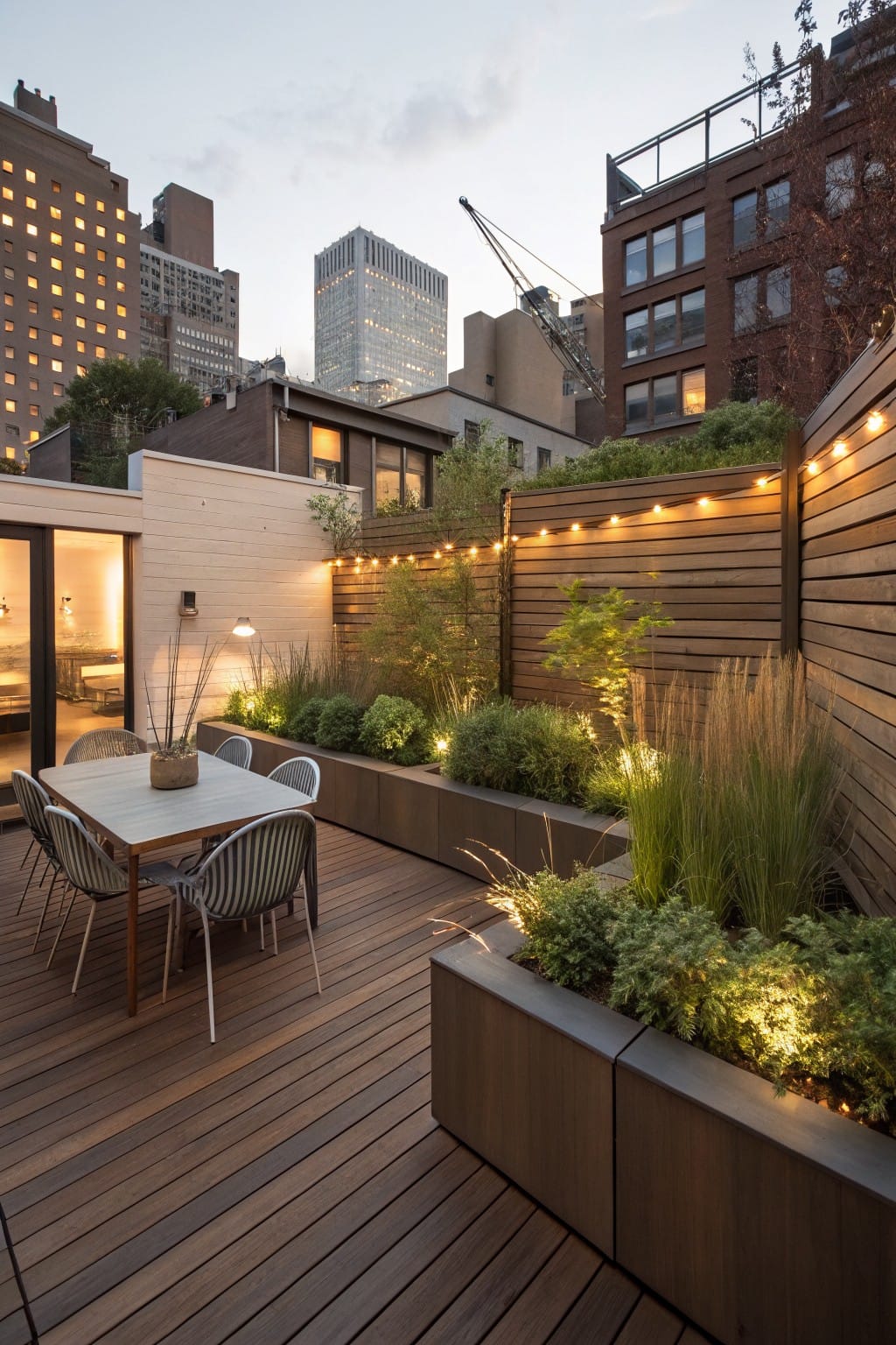 Rooftop deck in urban setting with wooden flooring, white dining table and chairs, rectangular raised planters filled with grasses and shrubs, slatted wooden privacy fence with string lights, brick buildings and cityscape at dusk.