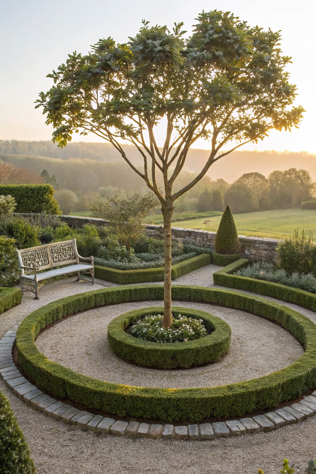 A deciduous tree in the center of a circular gravel bed surrounded by low clipped boxwood hedges, with a nearby ornate bench, stone walls, and distant rolling fields at sunset.