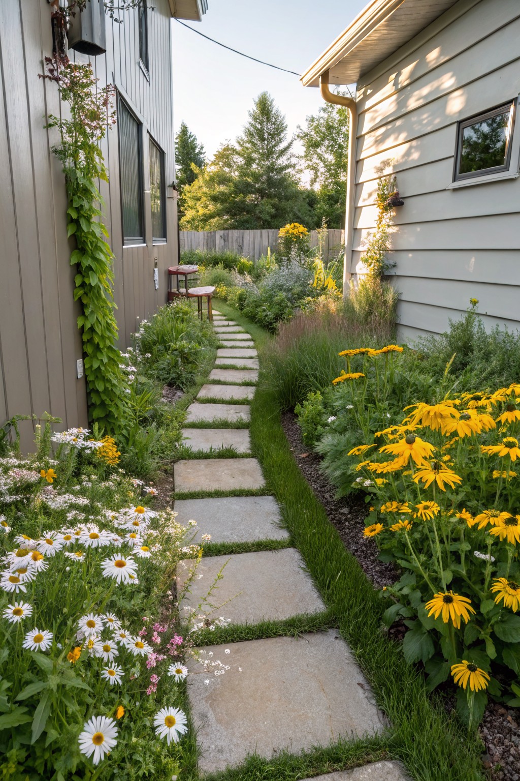 Curved gray stone pathway alongside a light gray house with vertical siding, bordered by garden beds filled with white daisies, yellow black-eyed Susans, green foliage, and ornamental grasses.