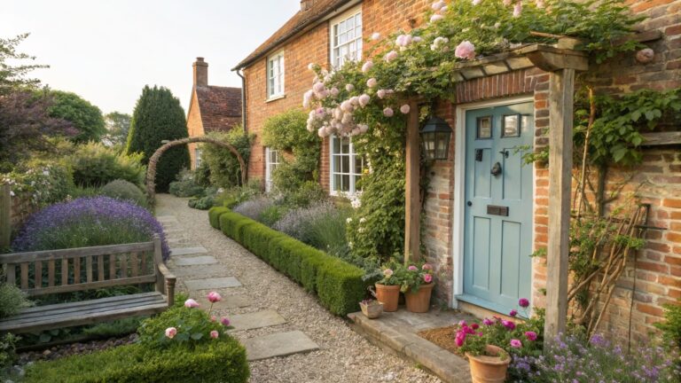 Brick house with light blue front door and lantern, approached by stone path edged with lavender, shrubs, white flowers, and planters amid greenery.
