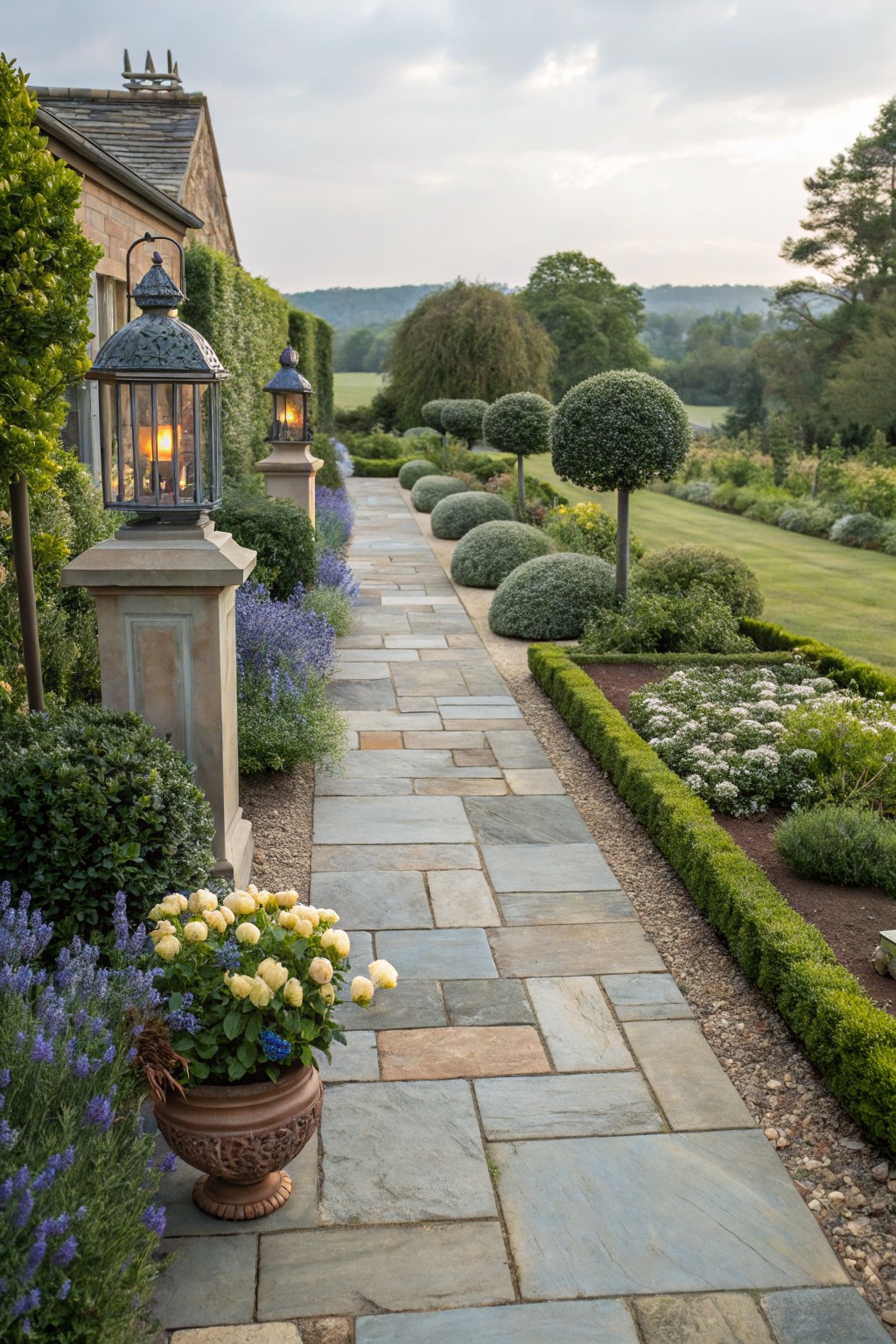Flagstone pathway edged with boxwood hedges, lavender plants, and topiary spheres, flanked by stone pedestals with lanterns, leading from a stone house through a formal garden.