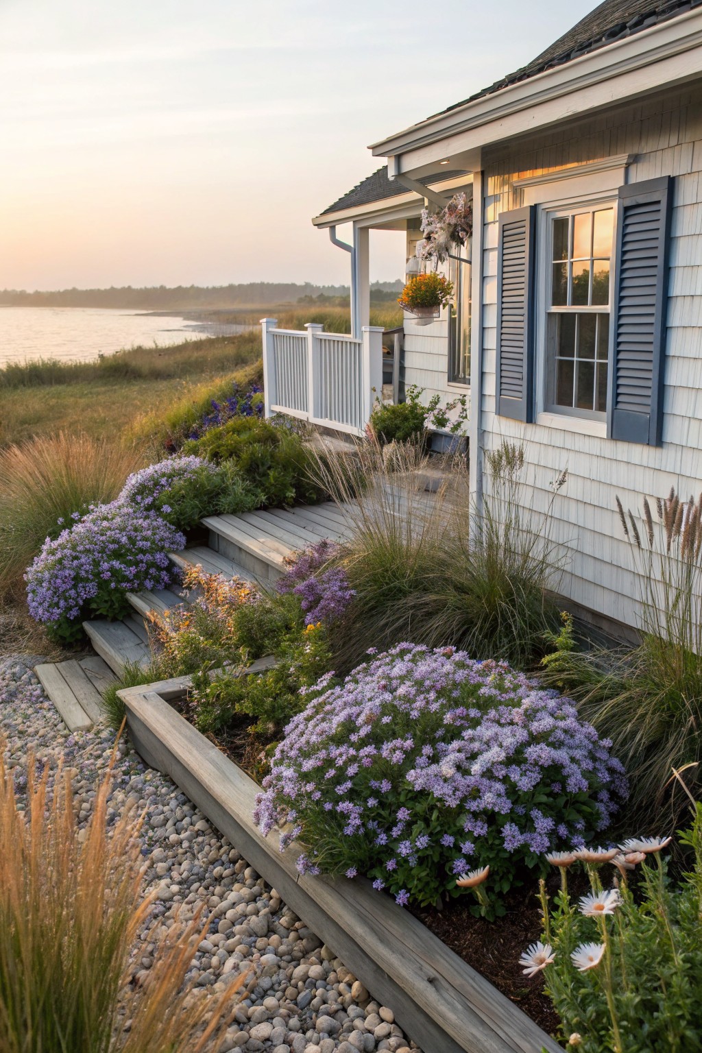 White shingled house with blue shutters and wooden steps leading to a waterfront, surrounded by beds of purple-flowering plants, ornamental grasses, white daisies, and gravel paths edged in wood.