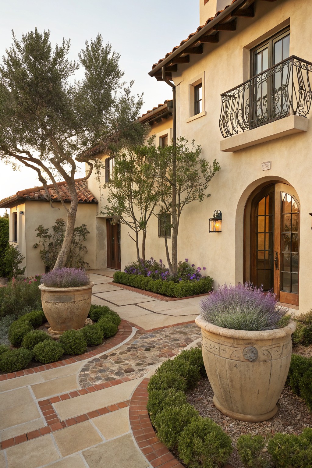 Beige stucco house with red tile roof, arched wooden front door, curved stone and brick pathway edged by boxwood shrubs and large terracotta pots of lavender, olive trees nearby.
