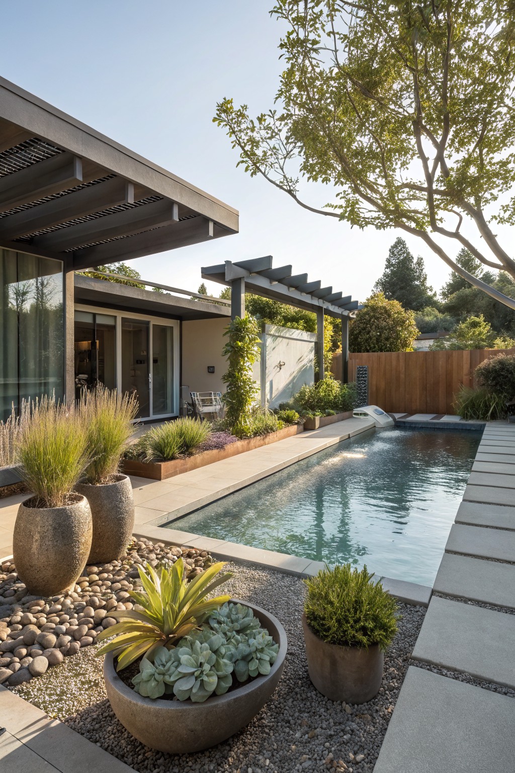 Modern turquoise pool with gray concrete pavers edged by large textured stone pots containing succulents and agave, gravel mulch beds with grasses, adjacent to a house with sliding glass doors and pergola.