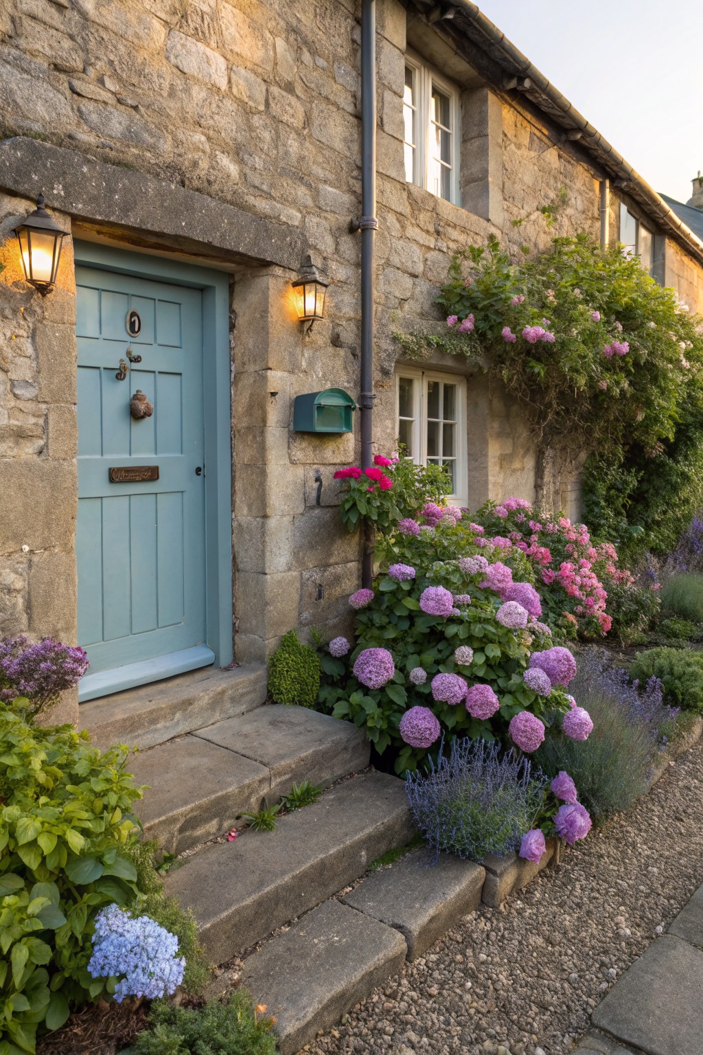 Stone cottage facade with light blue front door, stone steps leading up, flanked by large pink and purple hydrangea bushes, lavender plants, climbing roses on walls, and lanterns on either side.