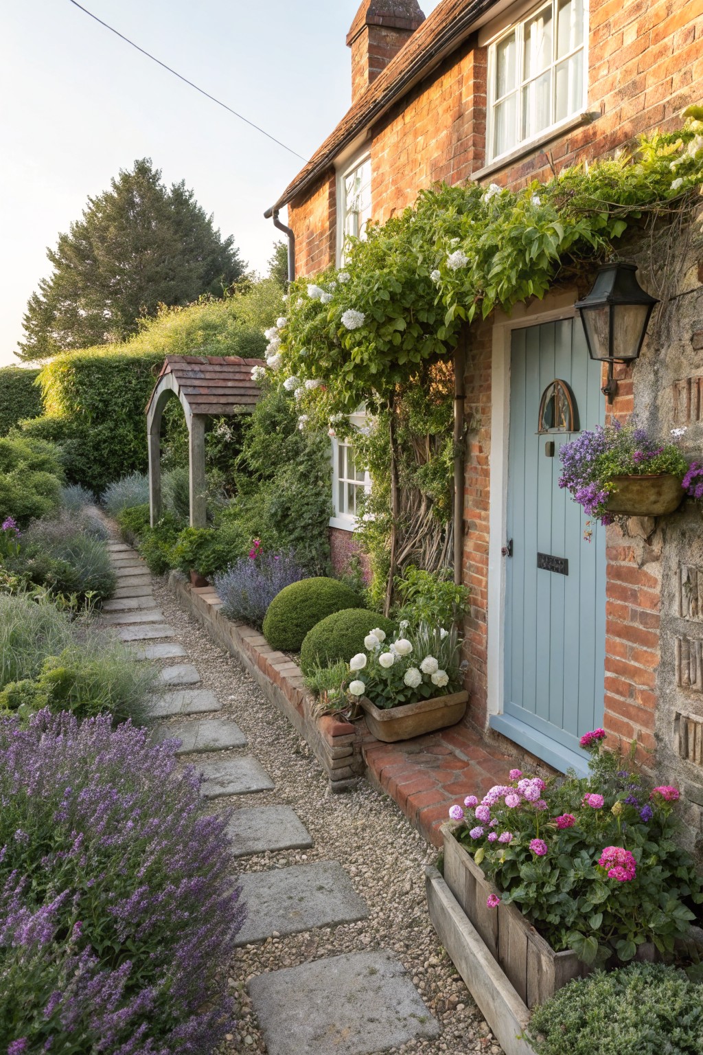 Brick house with light blue front door and lantern, approached by stone path edged with lavender, shrubs, white flowers, and planters amid greenery.