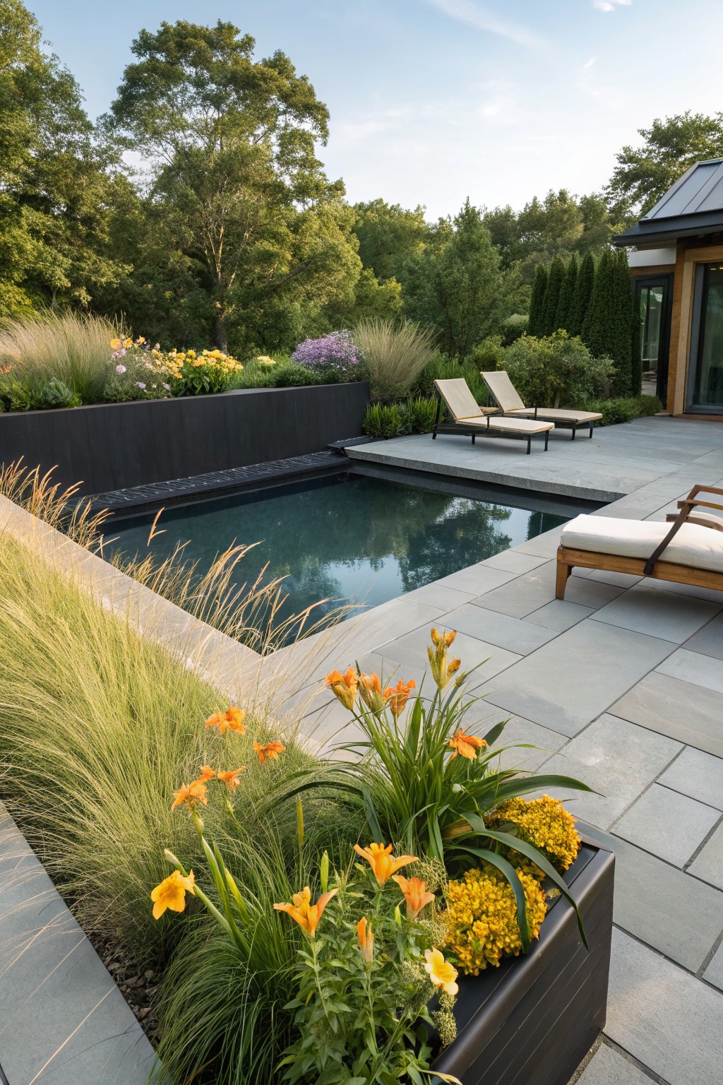 Small rectangular pool with dark water on gray stone patio surrounded by tall green ornamental grasses, orange daylilies in black rectangular planter, two beige lounge chairs and one chaise lounge nearby, modern house with glass doors and wooden accents in background amid trees and shrubs.