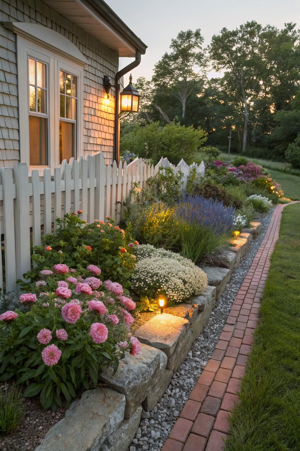 Side of a shingled house with white picket fence, stone retaining wall edged flower beds in pinks and purples, brick path, garden lights, trees, and dusk sky.