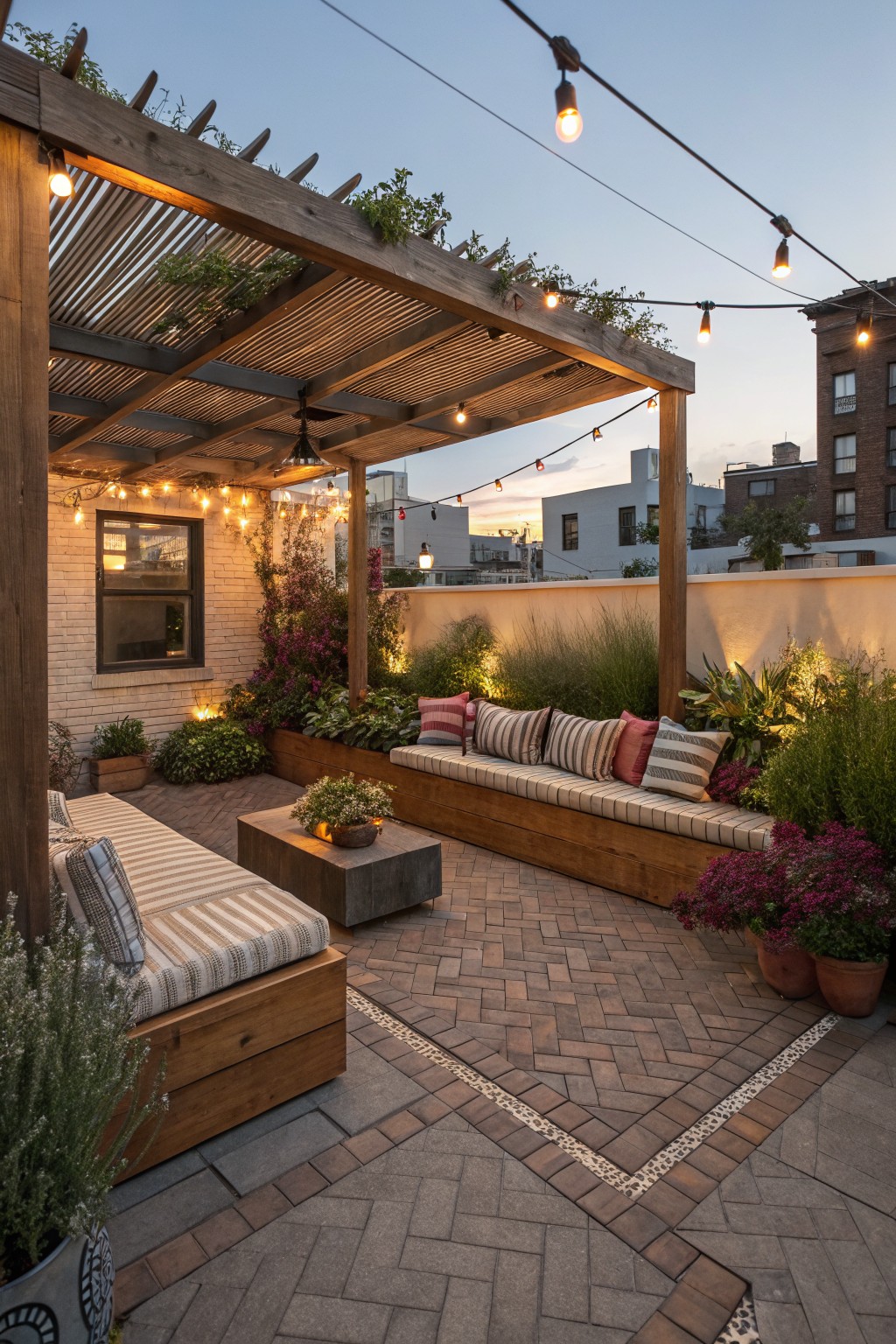 Rooftop terrace at dusk under a wooden pergola with string lights, featuring built-in wooden benches with striped cushions around a central low wooden table on herringbone brick pavers, edged by plants, flowers, and potted greenery.