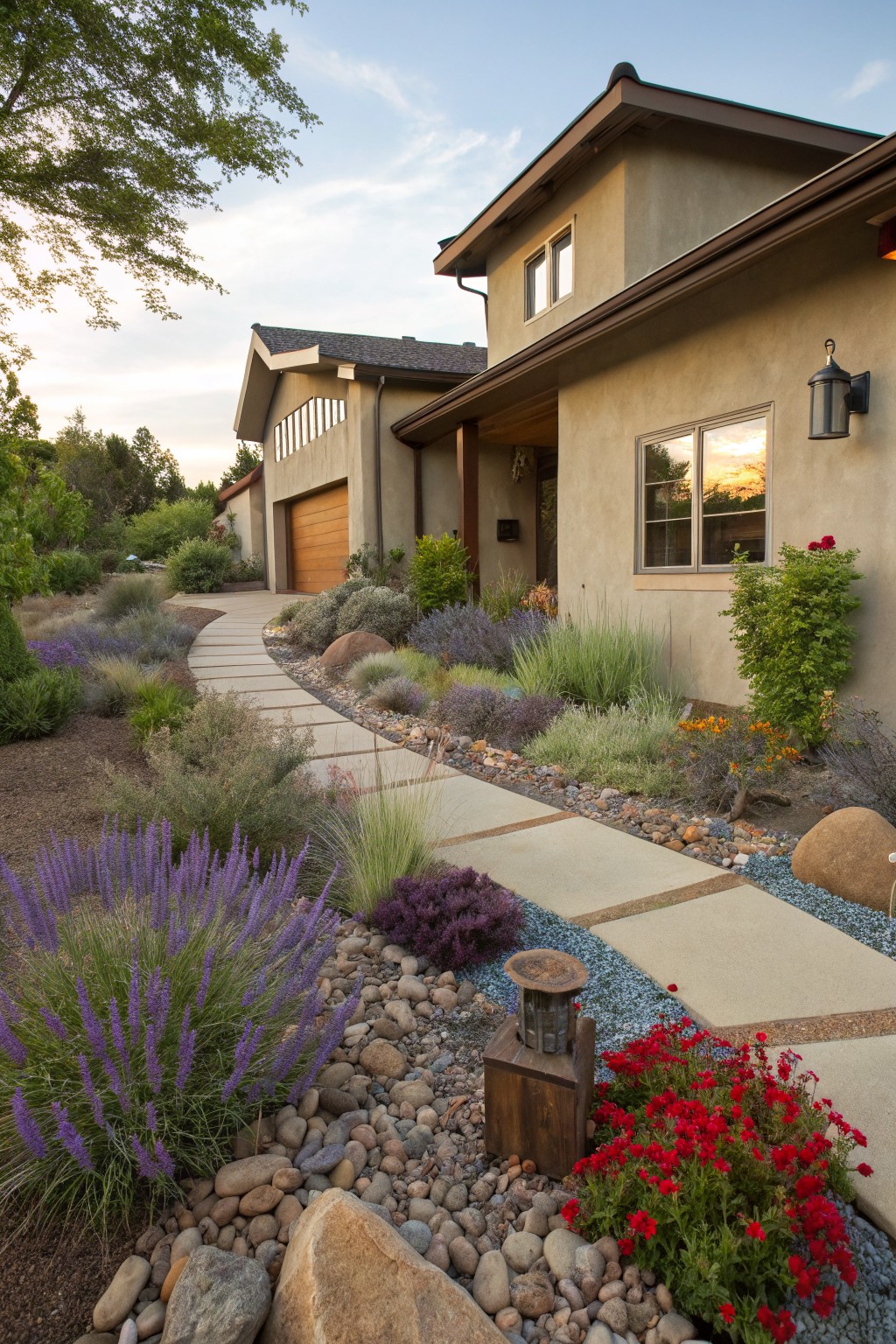 Curved concrete paver pathway winding through a drought-tolerant landscape with lavender bushes, ornamental grasses, boulders, gravel mulch, and red flowers beside a beige stucco house.