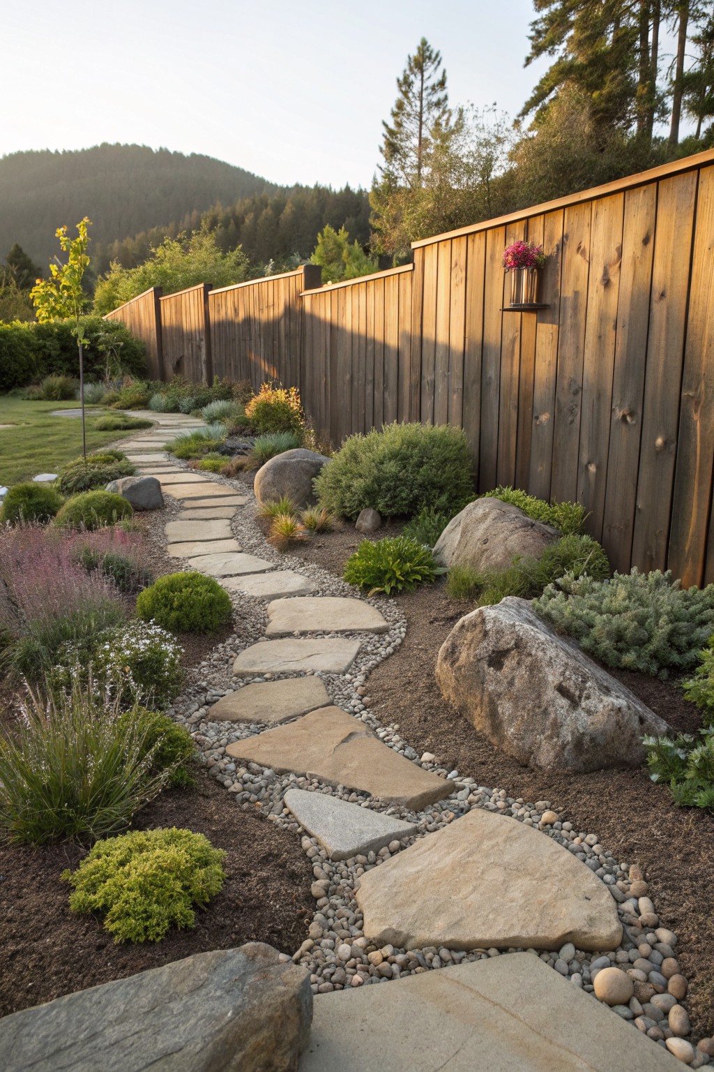 Winding flagstone path curves through a garden bed with large boulders, gravel mulch, low shrubs, grasses, and perennials beside a wooden fence in a wooded hillside setting.