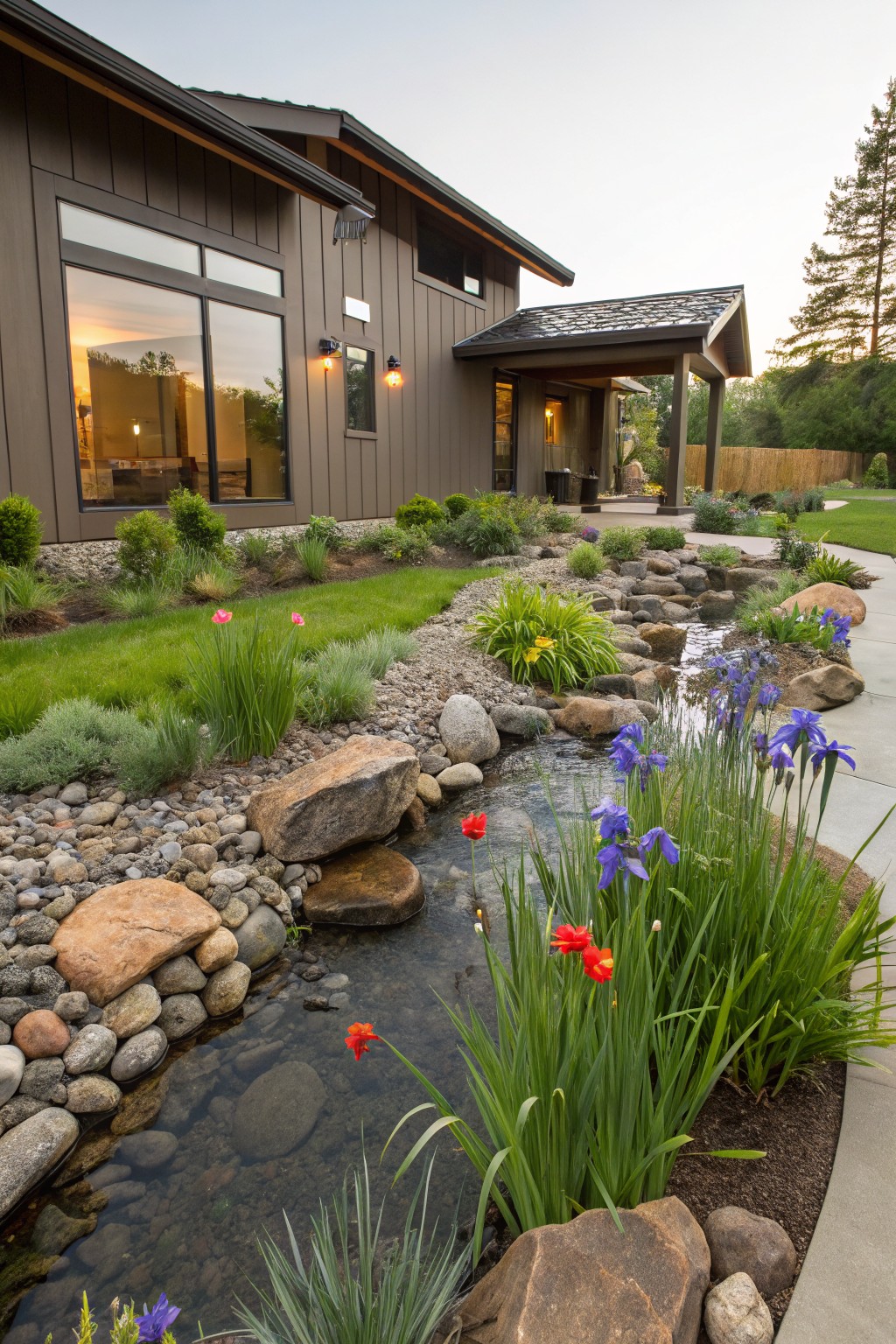 Wood-clad house exterior with large windows and covered entry beside a landscaped yard featuring a meandering stone-lined stream, purple irises, red flowers, grasses, and a concrete walkway.