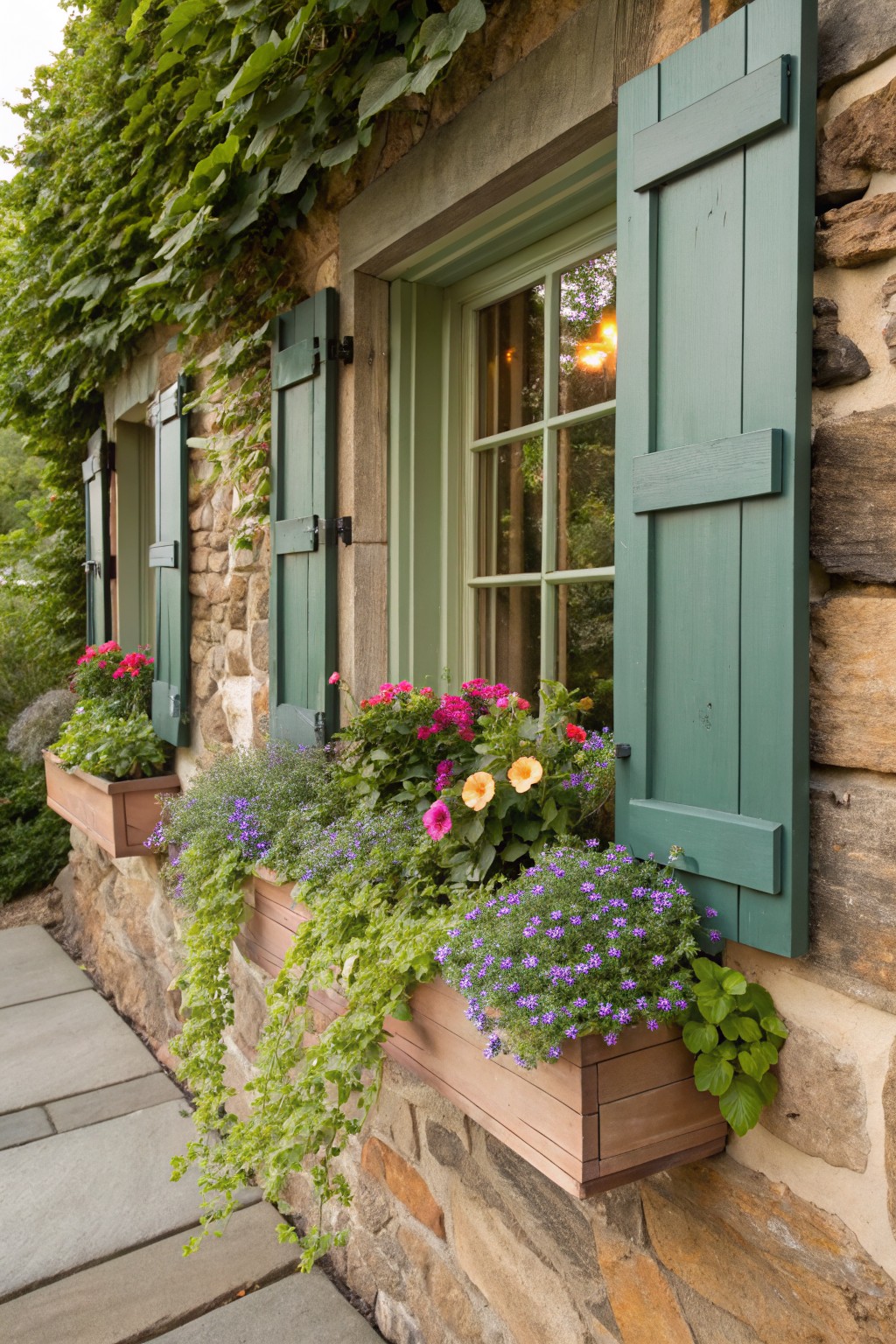 Stone house exterior with green shutters on three windows, wooden flower boxes overflowing with pink geraniums, purple lobelias, yellow calendulas, and trailing greenery, ivy climbing the walls, and a stone pathway below.