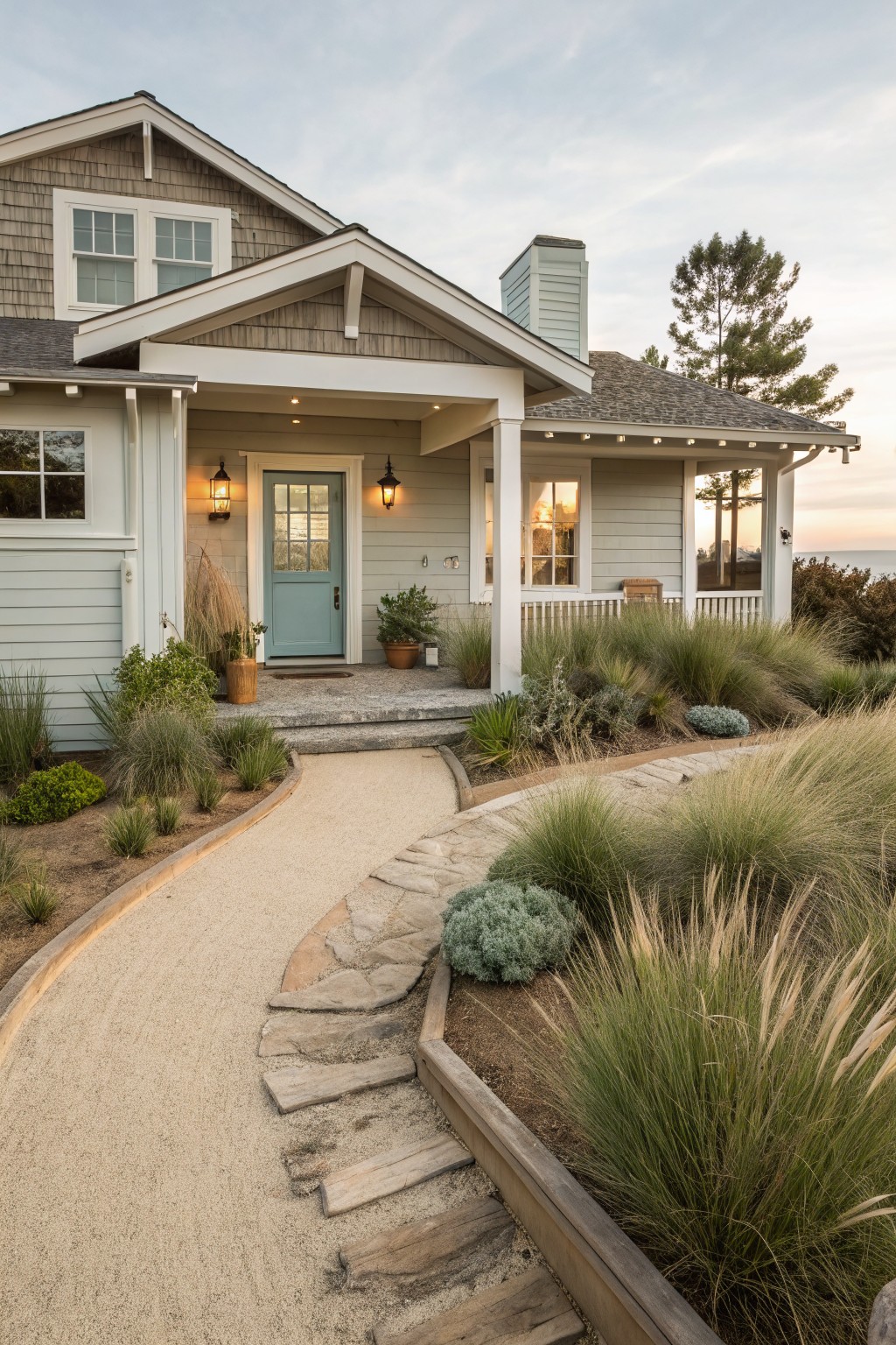 Light gray shingle house with blue front door under a covered porch, approached by a curved stone walkway edged in grasses, succulents, and low shrubs at sunset.