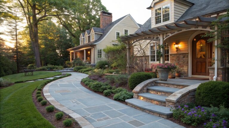 Stone house exterior with a curving flagstone walkway edged by boxwood shrubs and lavender plants leading through a landscaped front yard to porch steps.