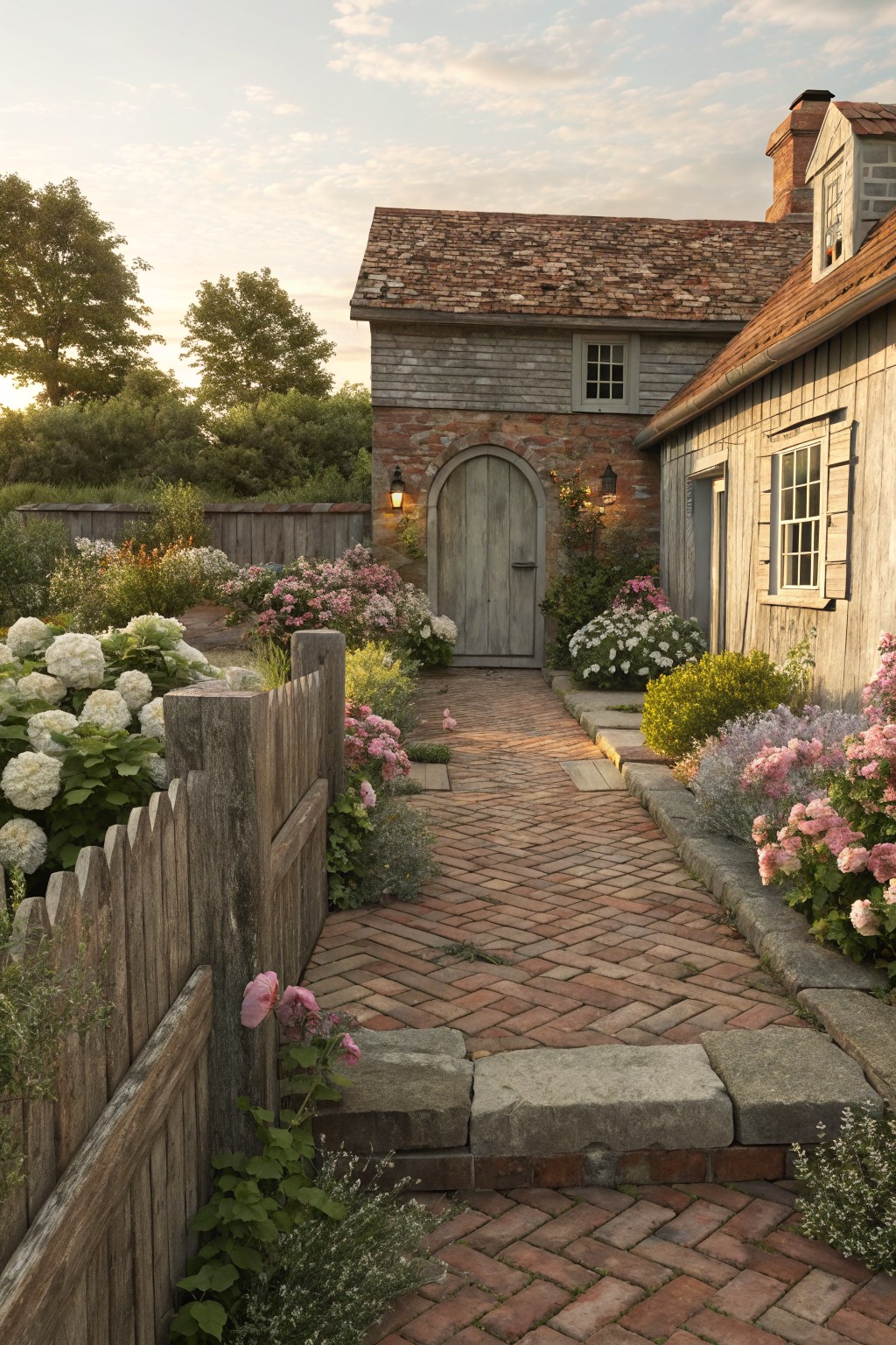 Rustic shingle house with arched wooden door, red brick walkway bordered by white hydrangeas, pink flowers, lavender shrubs, and weathered picket fence amid greenery at sunset.
