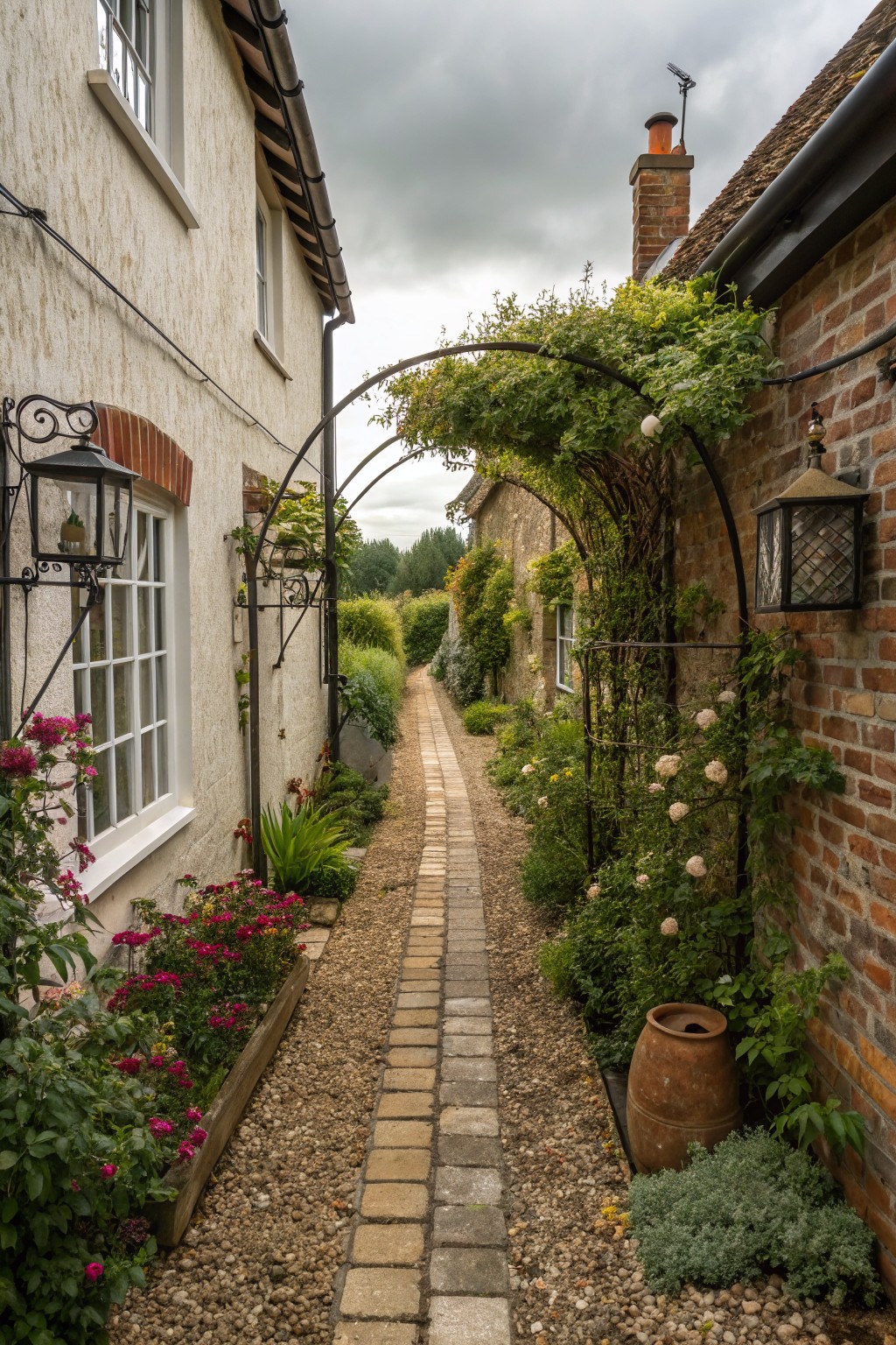 Narrow gravel and stone pathway between a white plaster house and a brick house, arched overhead with metal frames covered in climbing vines and roses, lined with flower beds and flanked by lanterns.