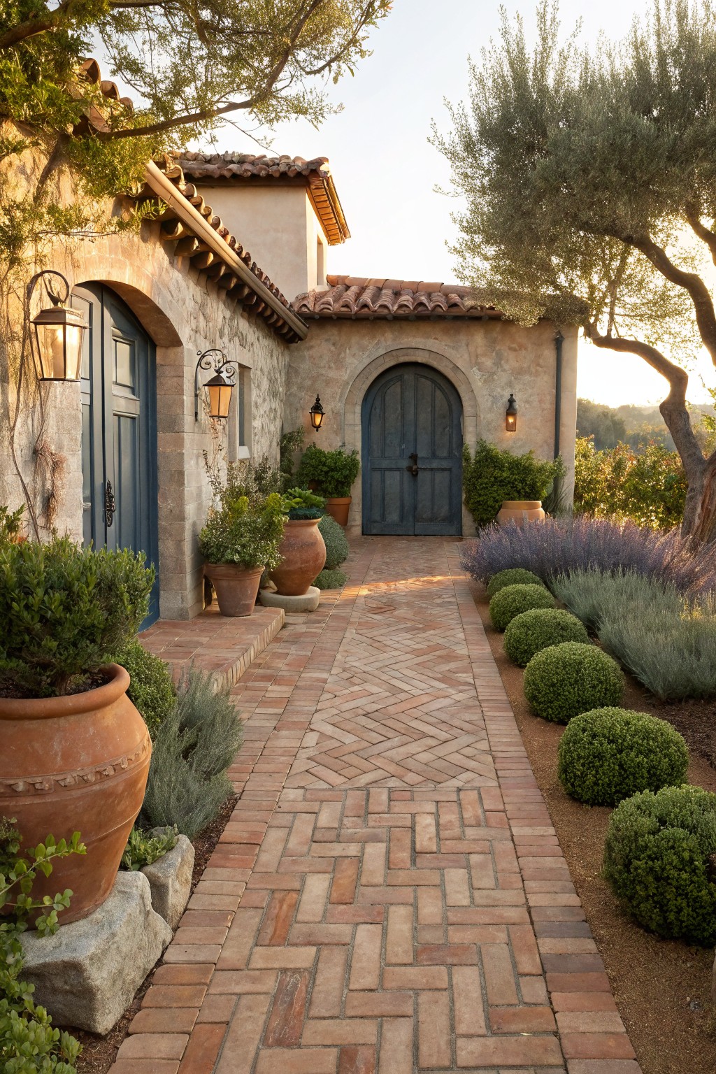Herringbone-patterned brick walkway leading to arched blue wooden doors on a stucco house, bordered by lavender plants, boxwood spheres, and large terracotta pots under olive trees at sunset.