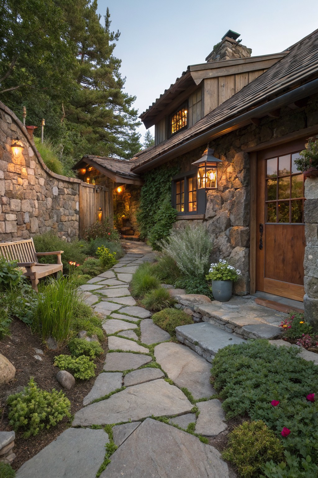 Rustic house entrance with stone walls and wooden door, approached by irregular flagstone pathway winding through low plants, grasses, and shrubs, lit by lanterns amid trees.