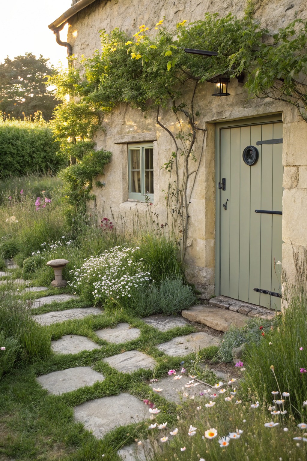 Stone cottage with pale walls, green wooden front door, climbing vines, lantern light, small window, and irregular square stone pavers set in grass path winding through wildflowers and greenery to the entrance.