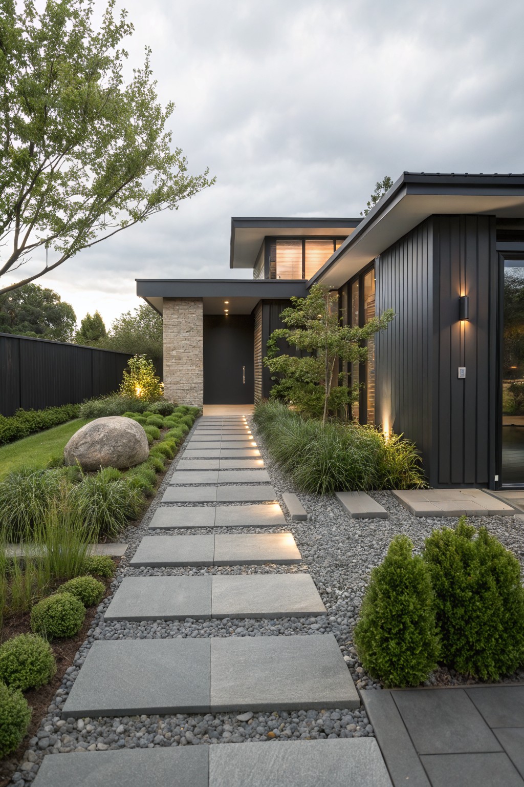 Modern house exterior with black vertical cladding and stone pillar entry, front yard featuring large rectangular gray stone slabs set into light gravel path, bordered by ornamental grasses, boxwood shrubs, and a large boulder under cloudy sky.