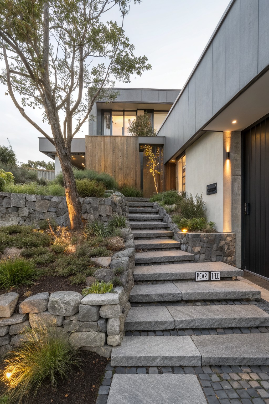Modern house entrance with wide granite steps rising through dry-stacked stone walls and native grasses on a sloped front yard.
