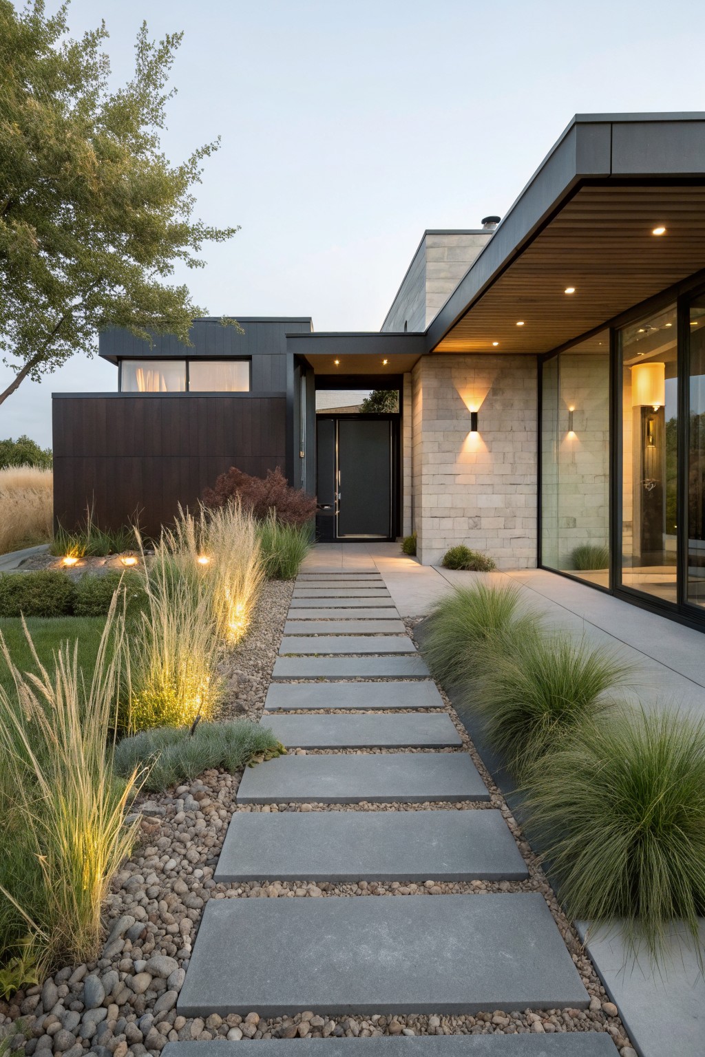 Modern house exterior showing a walkway of large rectangular gray stone pavers set in light gravel, bordered by tall ornamental grasses with ground-level uplighting, leading to a dark entry door under a wood and stone overhang.