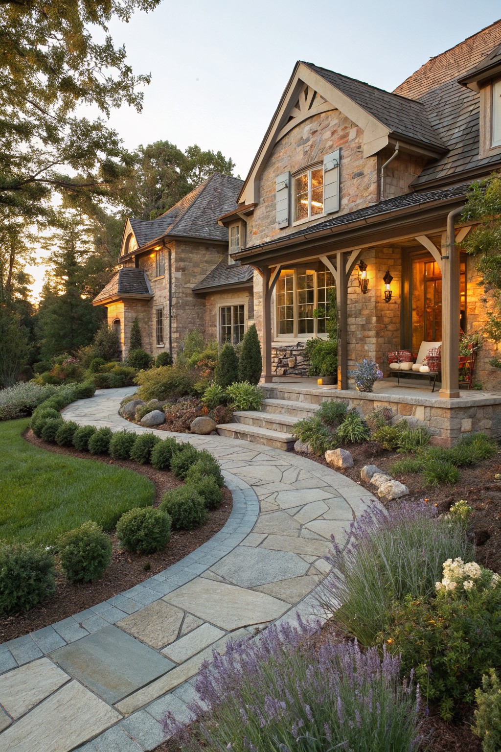 Stone house exterior with a curving flagstone walkway edged by boxwood shrubs and lavender plants leading through a landscaped front yard to porch steps.