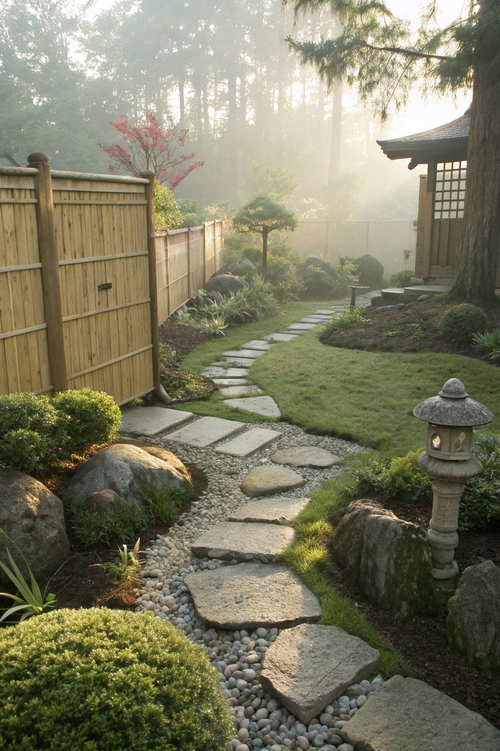 Winding path of irregular flat stone slabs through a landscaped garden with grass, gravel, shrubs, rocks, and a stone lantern near bamboo fencing and trees in morning mist.