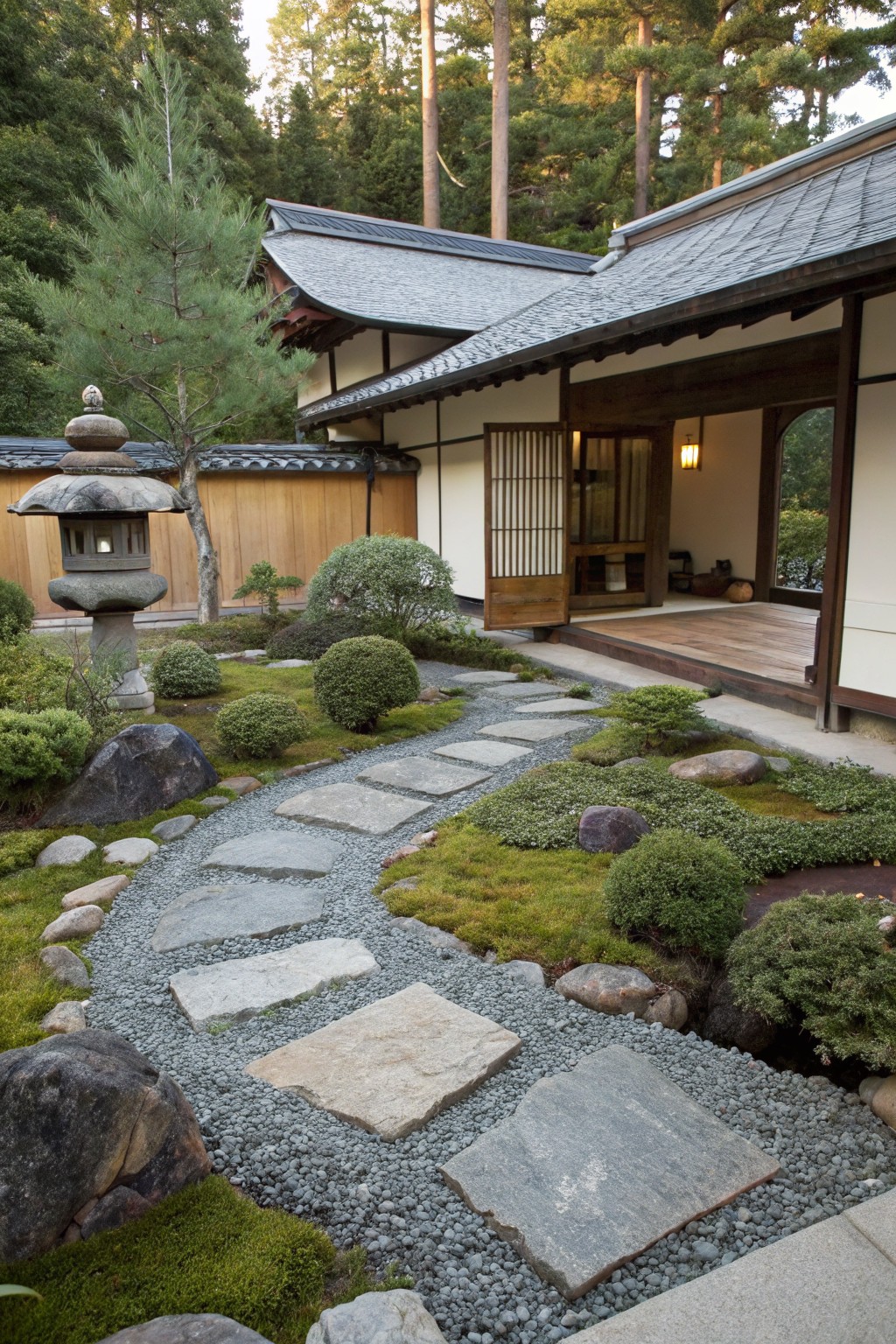 A curved stepping stone pathway of irregular gray slabs in gray gravel, surrounded by moss, rocks, low green shrubs, and pine trees, leading to the open wooden entry of a traditional Japanese house.