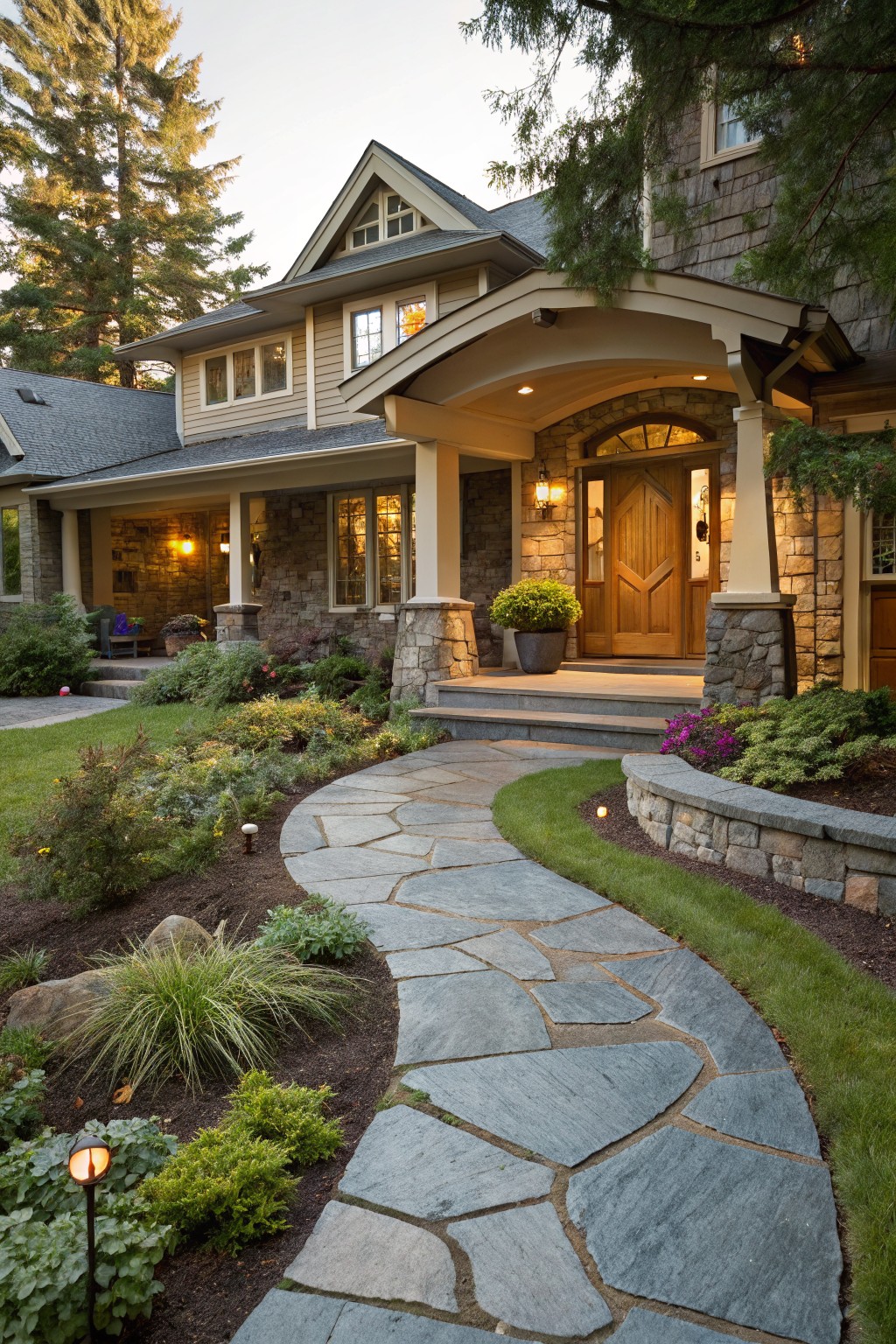 Front view of a two-story house with shingled roof, stone accents, covered porch, and wooden entry door, surrounded by evergreen trees and shrubs, with a curving gray flagstone pathway through garden beds leading to porch steps.