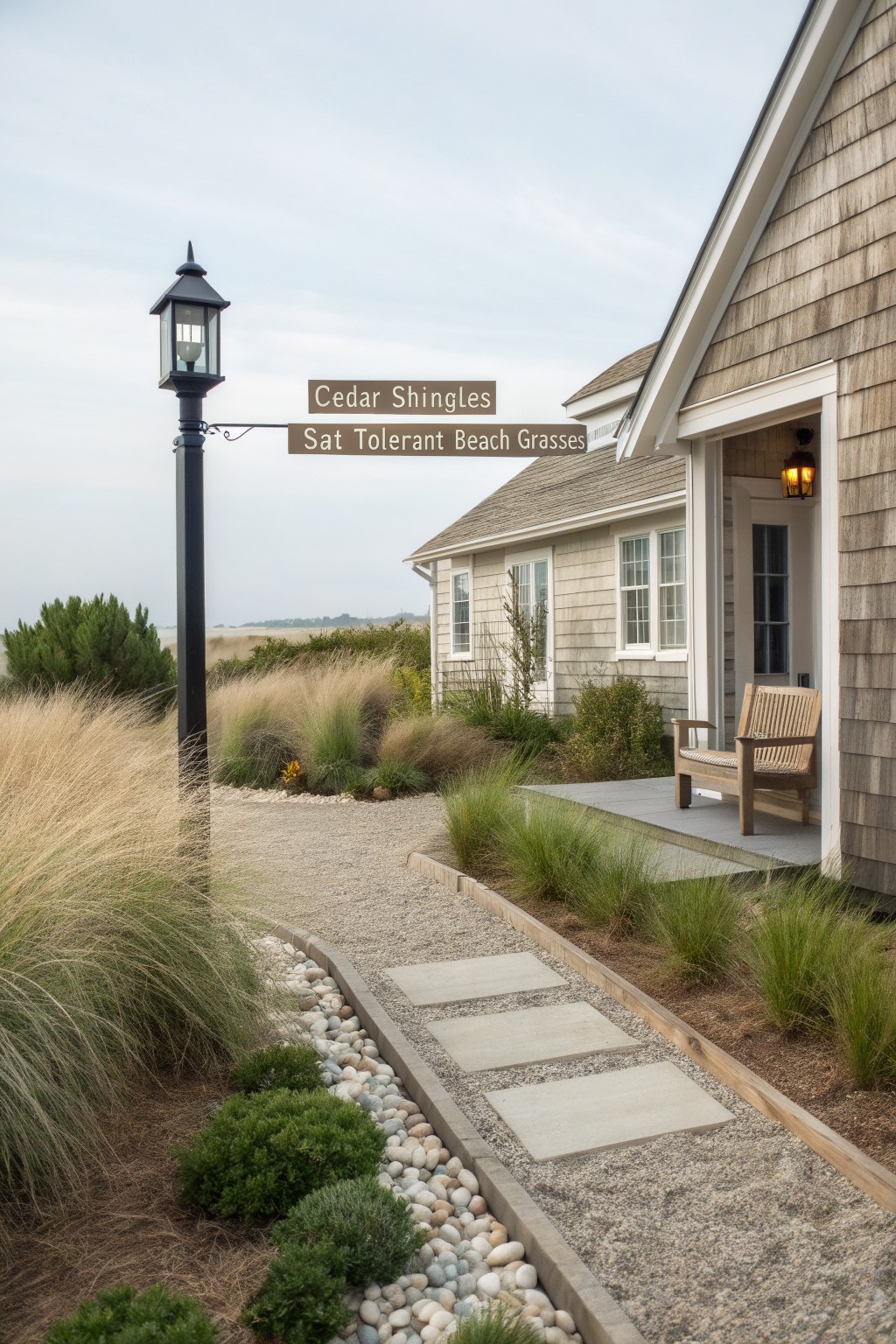 Cedar shingle house with front porch and wooden bench, approached by gravel path with concrete pavers edged in beach grasses, pebbles, and shrubs, next to a sign for cedar shingles and salt tolerant beach grasses.