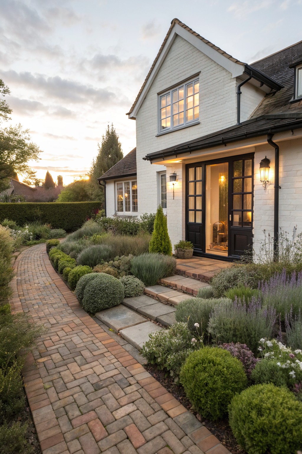 White brick house with black front doors open, lit warmly at dusk, fronted by a curved red brick path bordered by spherical boxwood shrubs, lavender plants, and other low perennials.