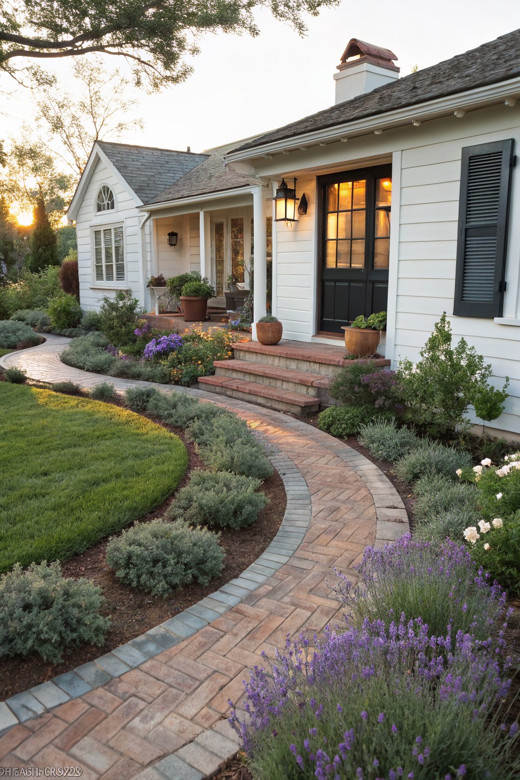 White clapboard house with black front door and porch, front yard featuring curved red brick pathway edged by lavender, grasses, shrubs, and flower beds curving through green lawn.