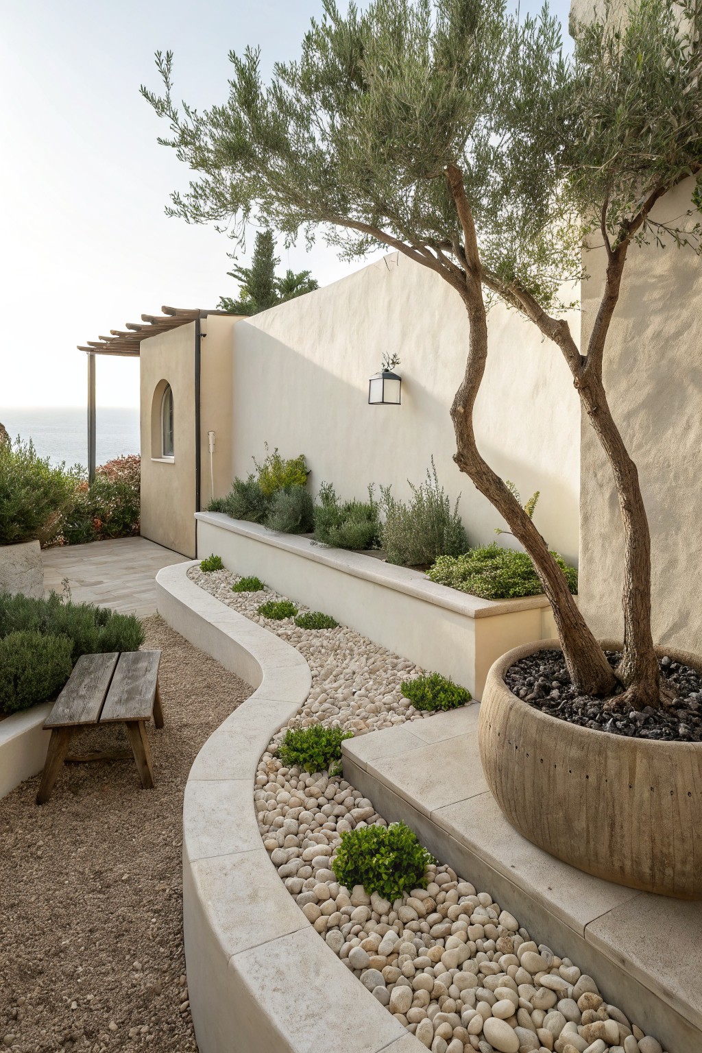 Curving gravel pathway edged by raised white stone beds planted with shrubs and pebbles, olive trees against stucco walls, wooden bench, large potted tree, and ocean view.