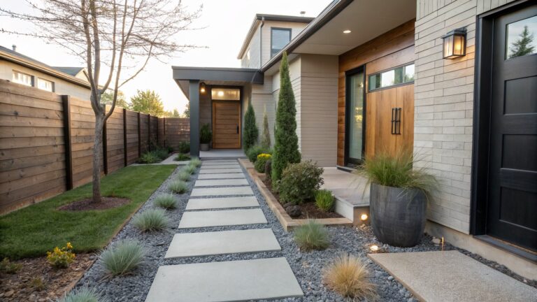 Modern house facade with wooden front door and glass panels, fronted by a pathway of large rectangular concrete pavers set in gray gravel, edged with ornamental grasses and shrubs, and low-voltage path lights.