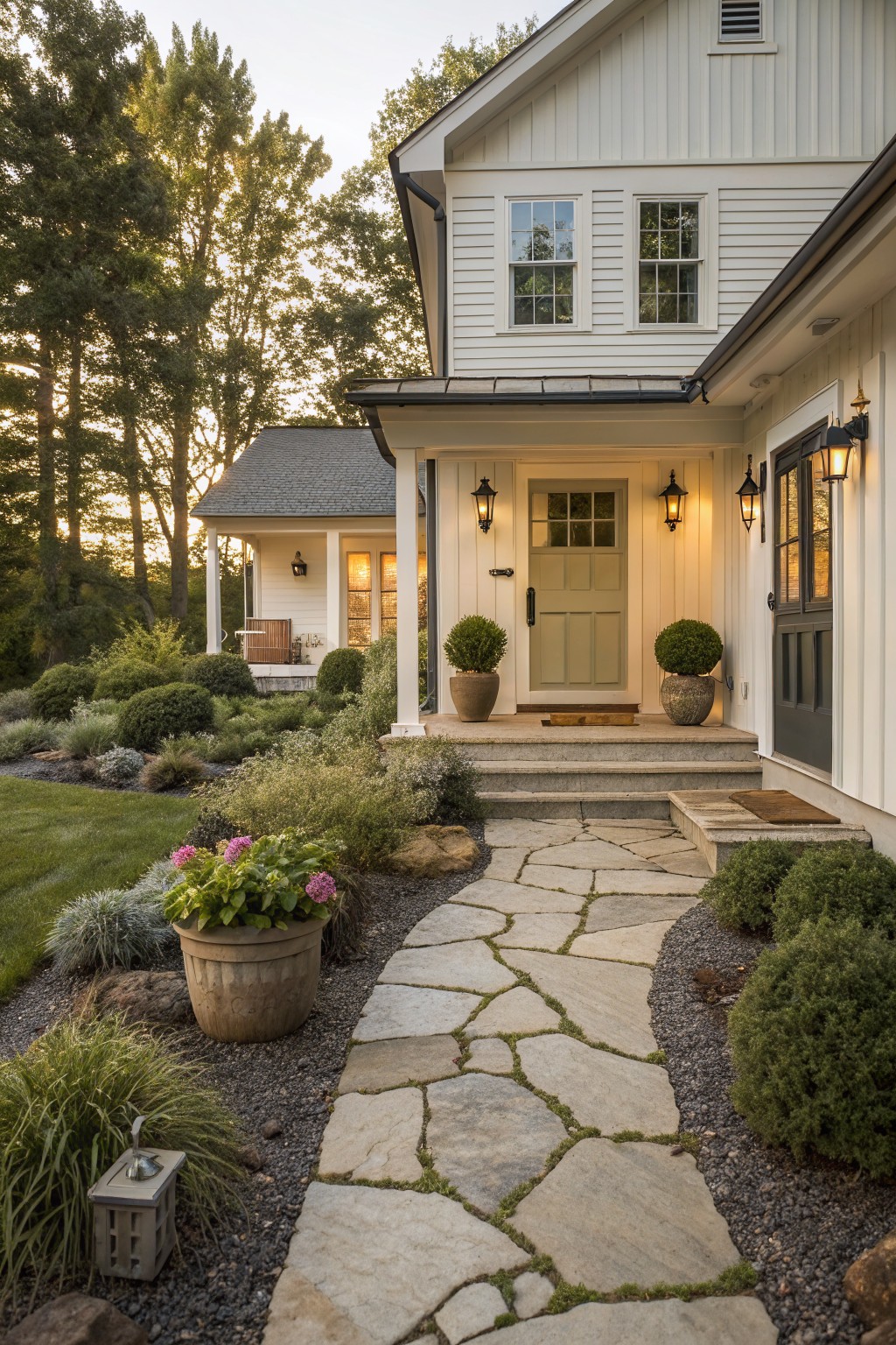 White clapboard house with green front door and black lanterns on porch, approached by irregular flagstone path edged in gravel through landscaped beds of shrubs, grasses, and perennials, with trees and sunset light in background.