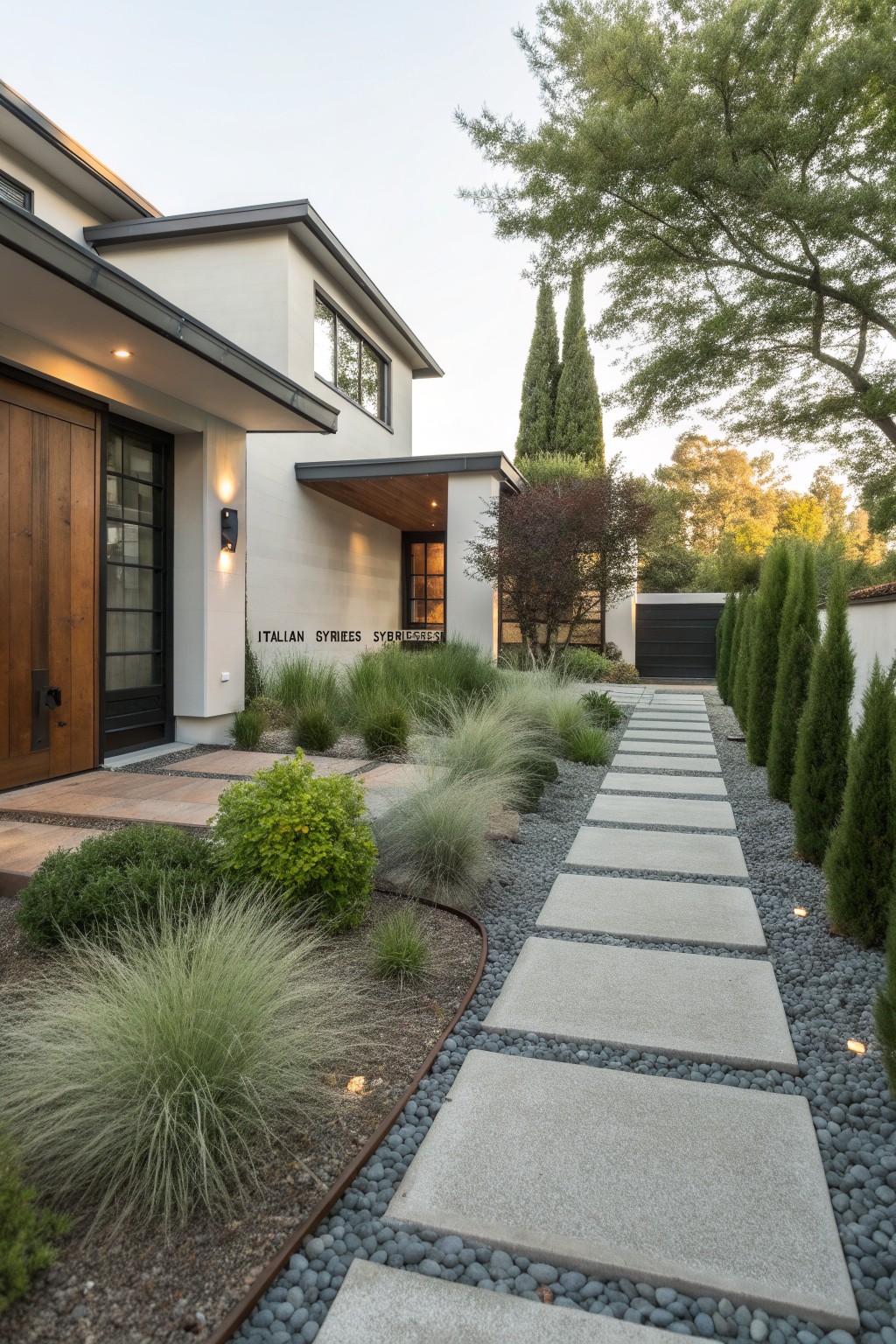 Modern house facade with wooden front door and glass panels, fronted by a pathway of large rectangular concrete pavers set in gray gravel, edged with ornamental grasses and shrubs, and low-voltage path lights.