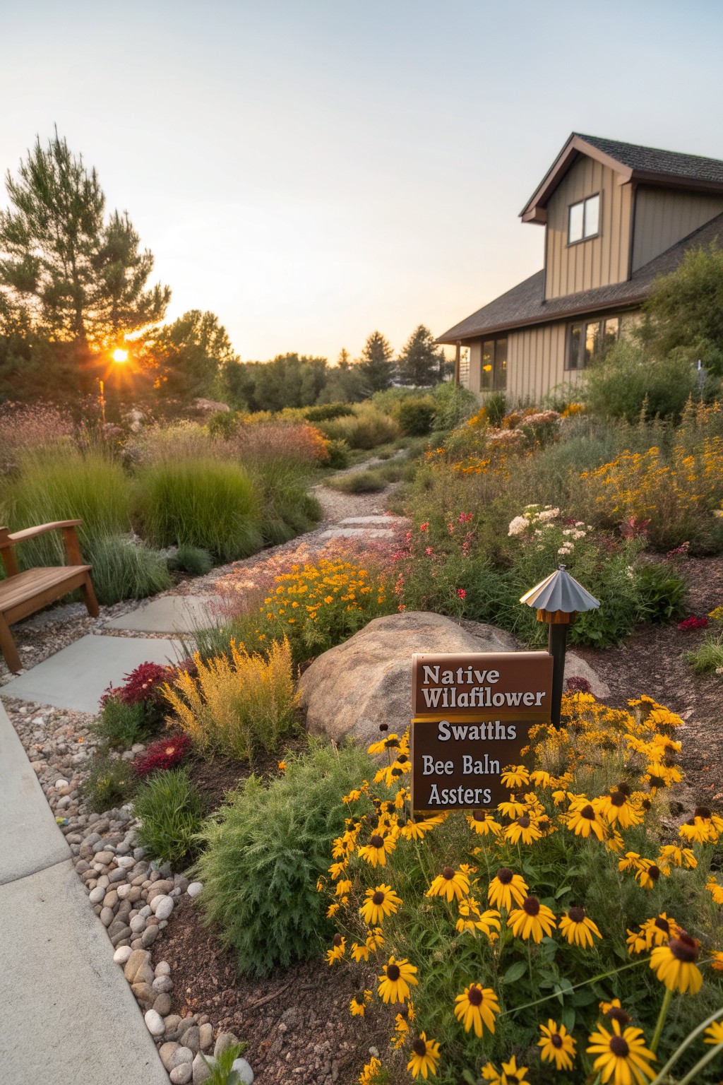 Winding stone path through swaths of yellow black-eyed Susans, orange bee balm, purple asters, and other native wildflowers in a front yard garden with a wooden bench, boulder, sign, lamp post, and house in the background at sunset.
