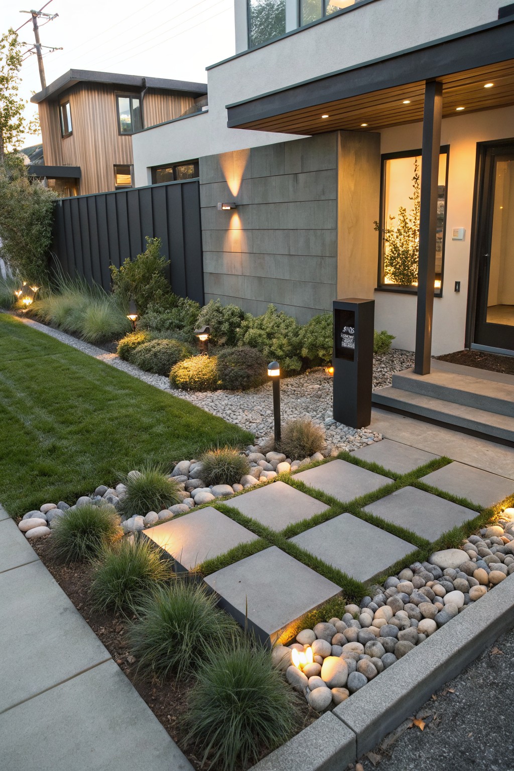 Front yard pathway of large gray concrete pavers in a grid with green grass growing between them, bordered by white river rocks and ornamental grasses, adjacent to a lawn and leading to a modern house entrance.