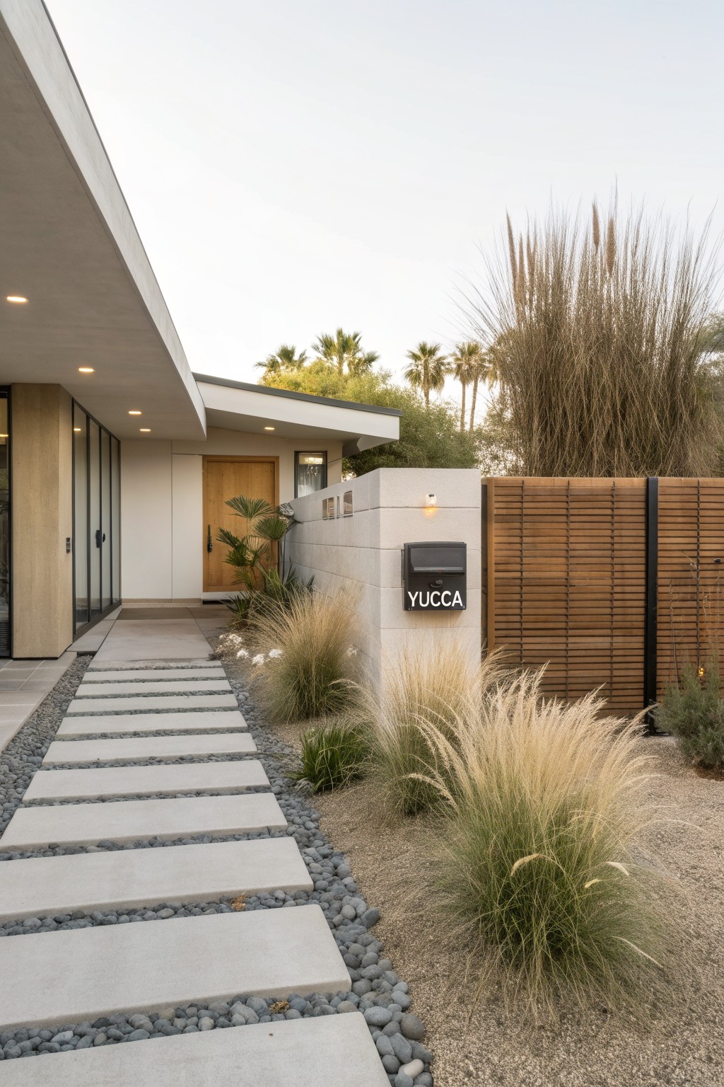 Modern house entry with rectangular concrete stepping stones laid in a gravel path surrounded by ornamental grasses, yucca plants, pebbles, and a wooden fence in a desert front yard.