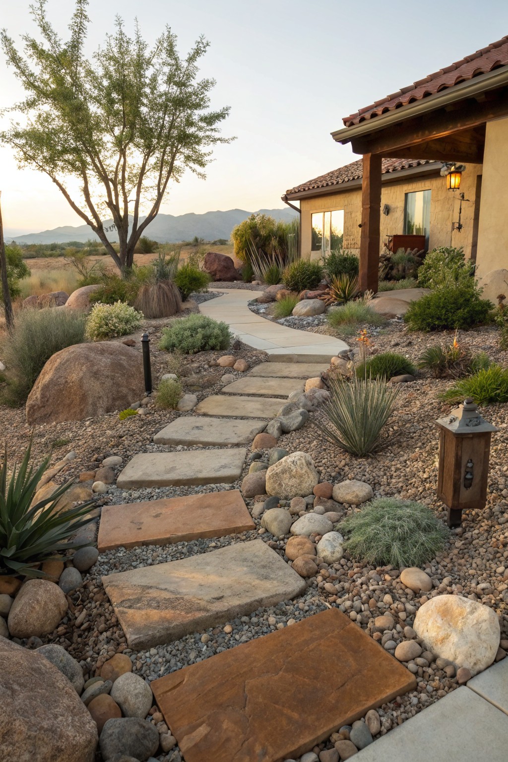 Front yard path of irregular concrete stepping stones set in gravel and surrounded by large boulders, agave plants, and low shrubs, leading to a beige house with tile roof.