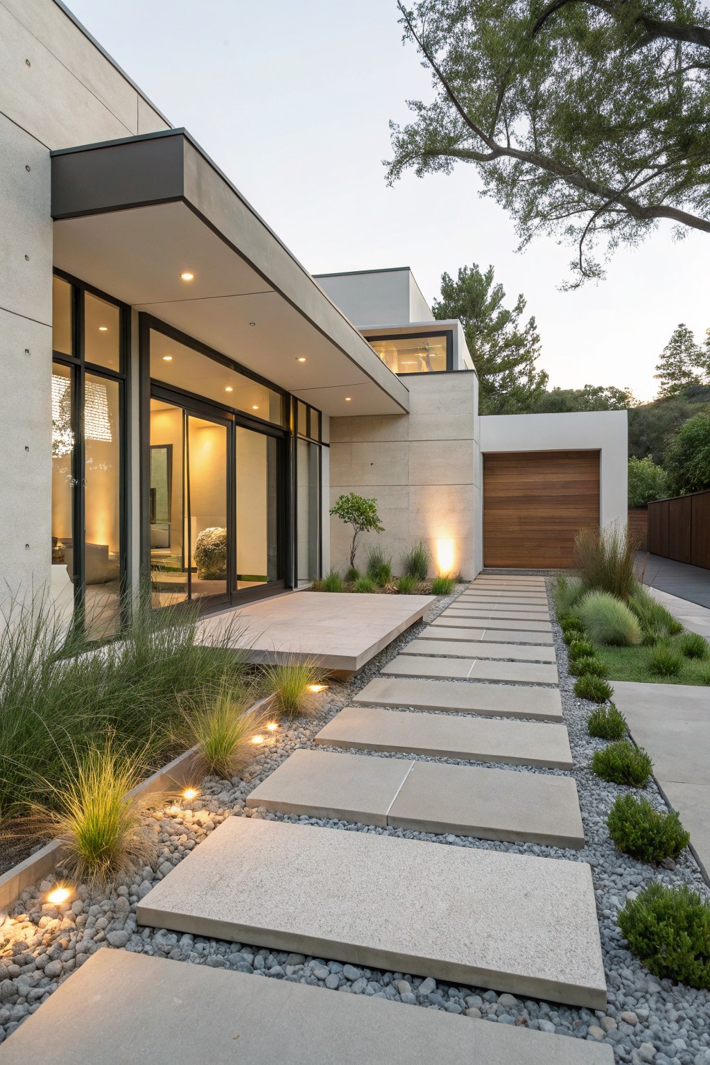 Modern concrete house exterior featuring a pathway of large rectangular stepping stones set in light gravel, bordered by ornamental grasses and small shrubs, with uplights along the path leading to glass entry doors.