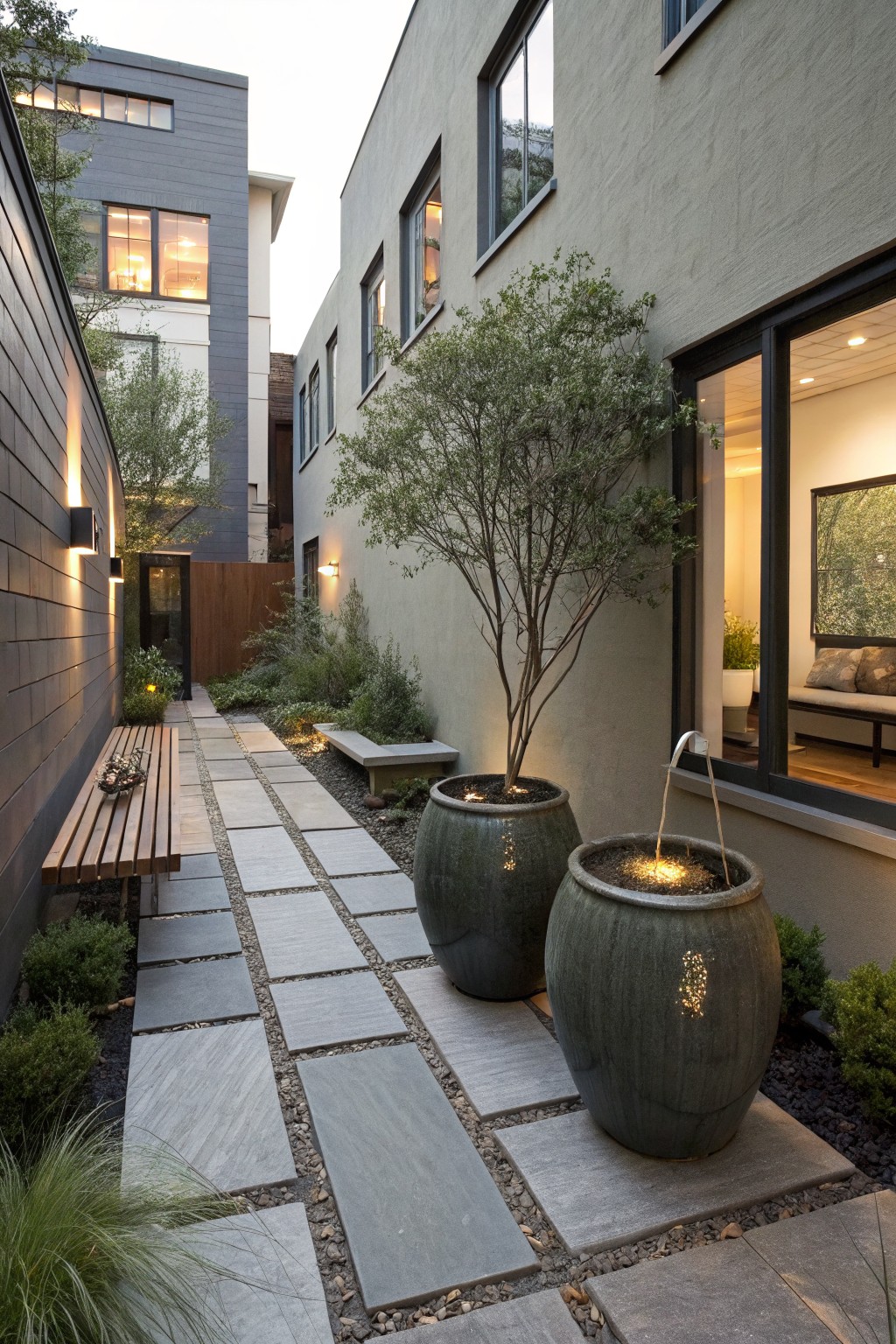 Narrow outdoor pathway between gray and beige building walls lined with large green-glazed pottery pots featuring water bubbling from one into the other, wooden bench, stone pavers with gravel joints, low shrubs, and wall-mounted lights.